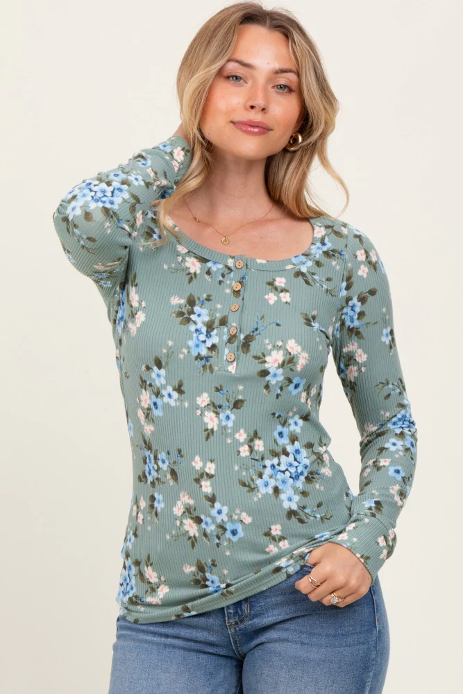 Light Olive Floral Ribbed Henley Top - Image 2