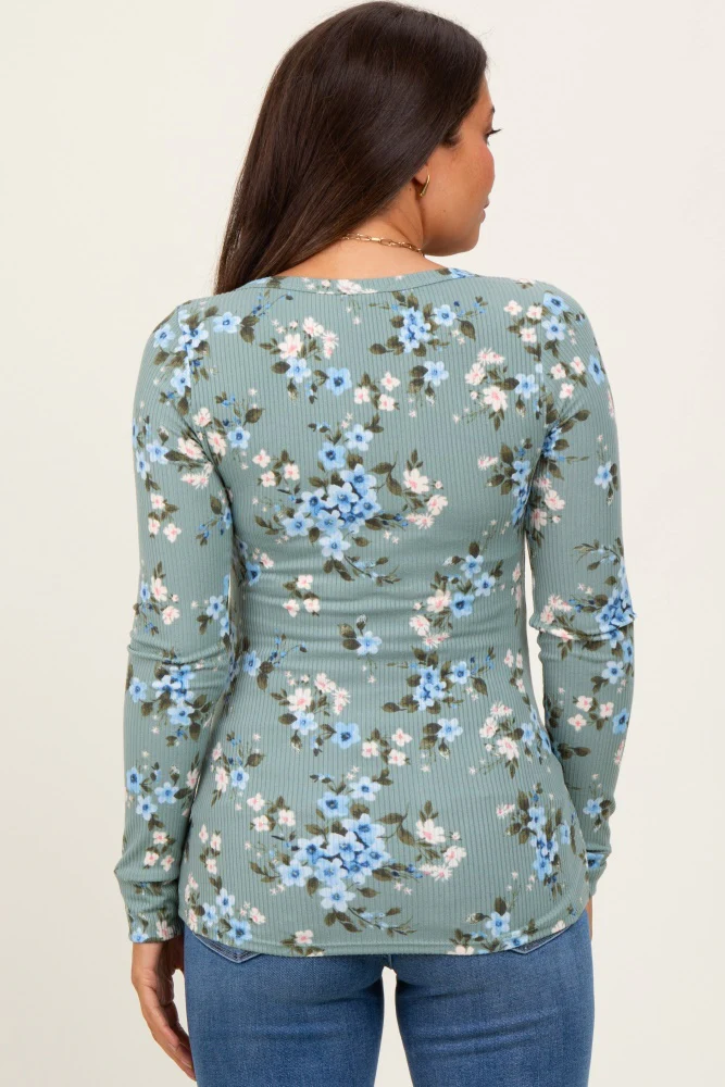 Light Olive Floral Ribbed Maternity Henley Top - Image 4