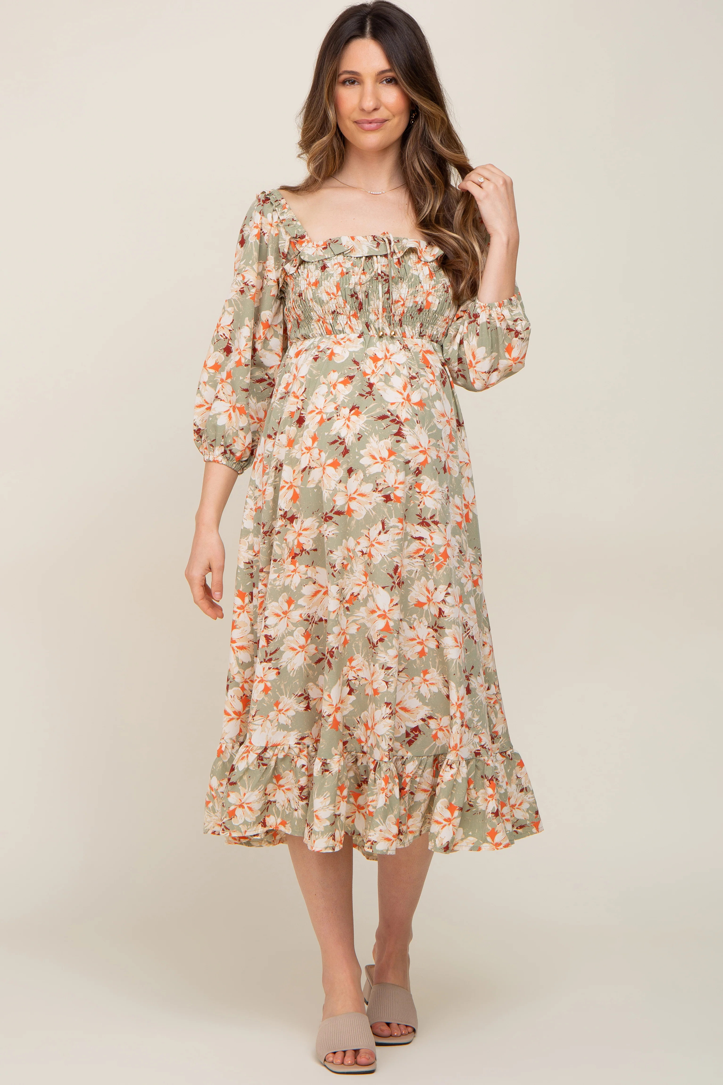 Light Olive Floral Ruffle Square Neck Smocked Front Tie Maternity Midi Dress - Image 5