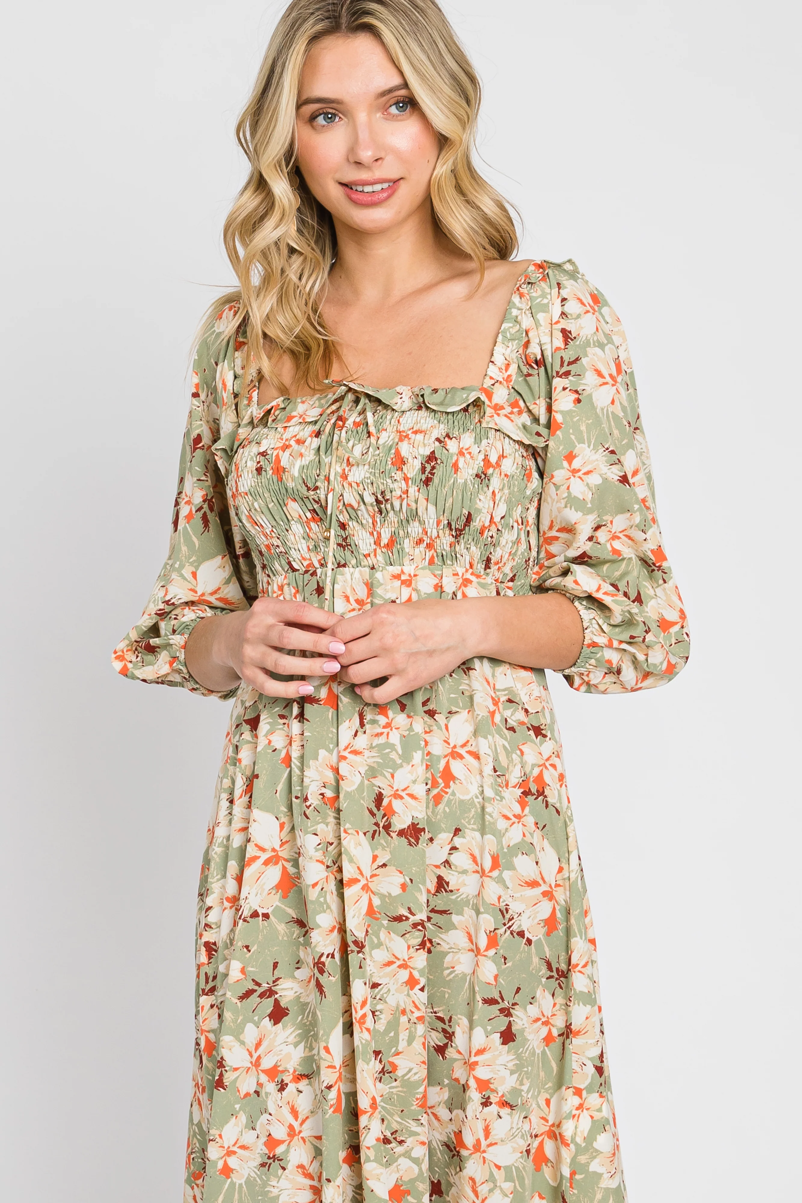 Light Olive Floral Ruffle Square Neck Smocked Front Tie Midi Dress - Image 4