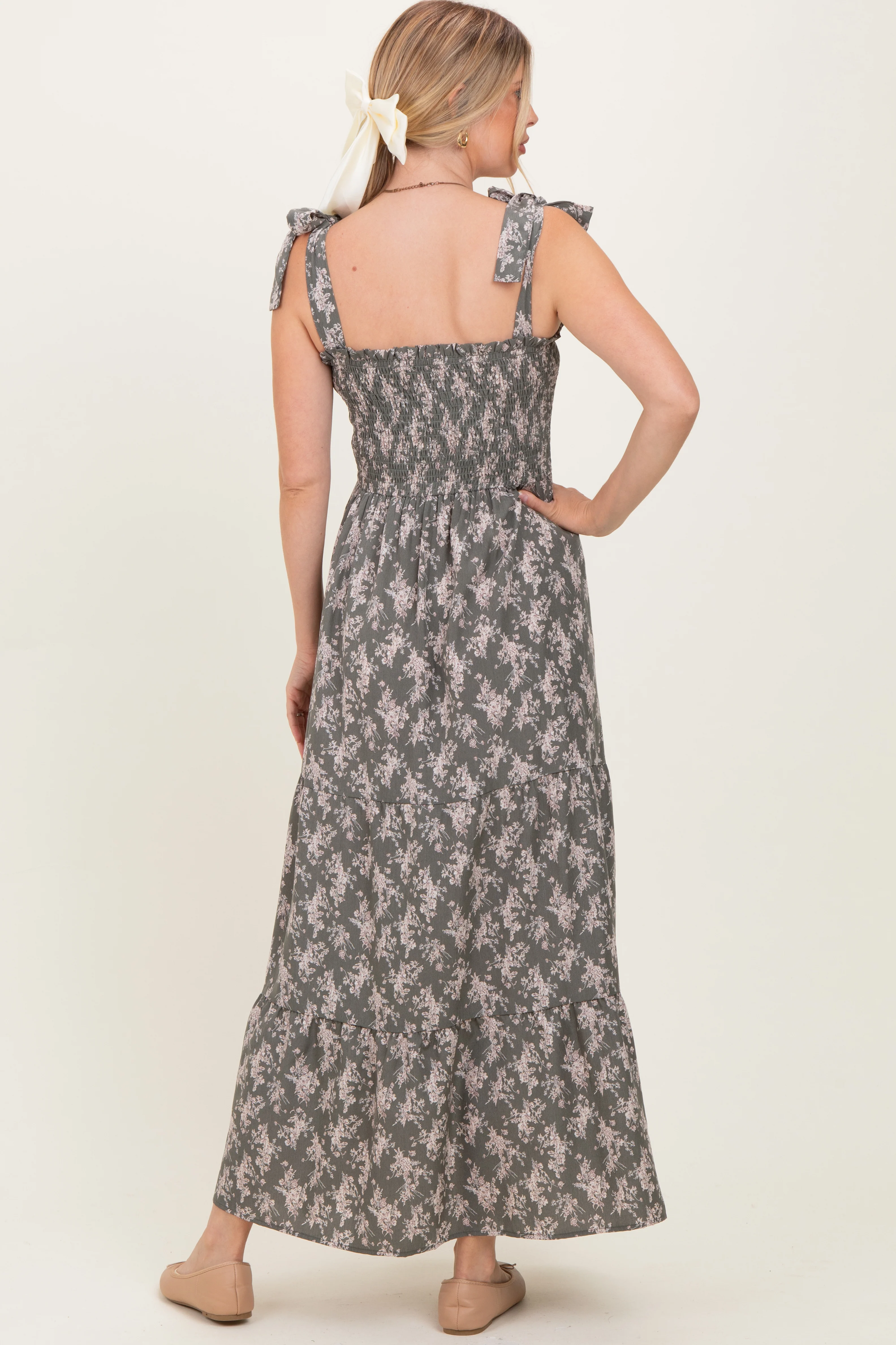 Light Olive Floral Shoulder Tie Maxi Dress - Image 4