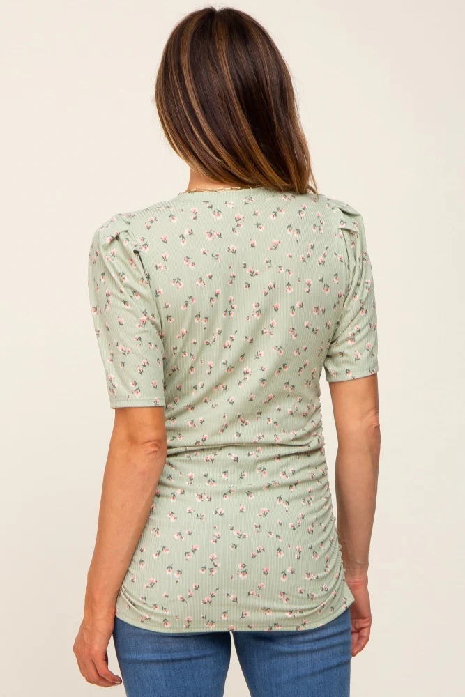 Light Olive Floral Side Ruched Short Sleeve Top - Image 3