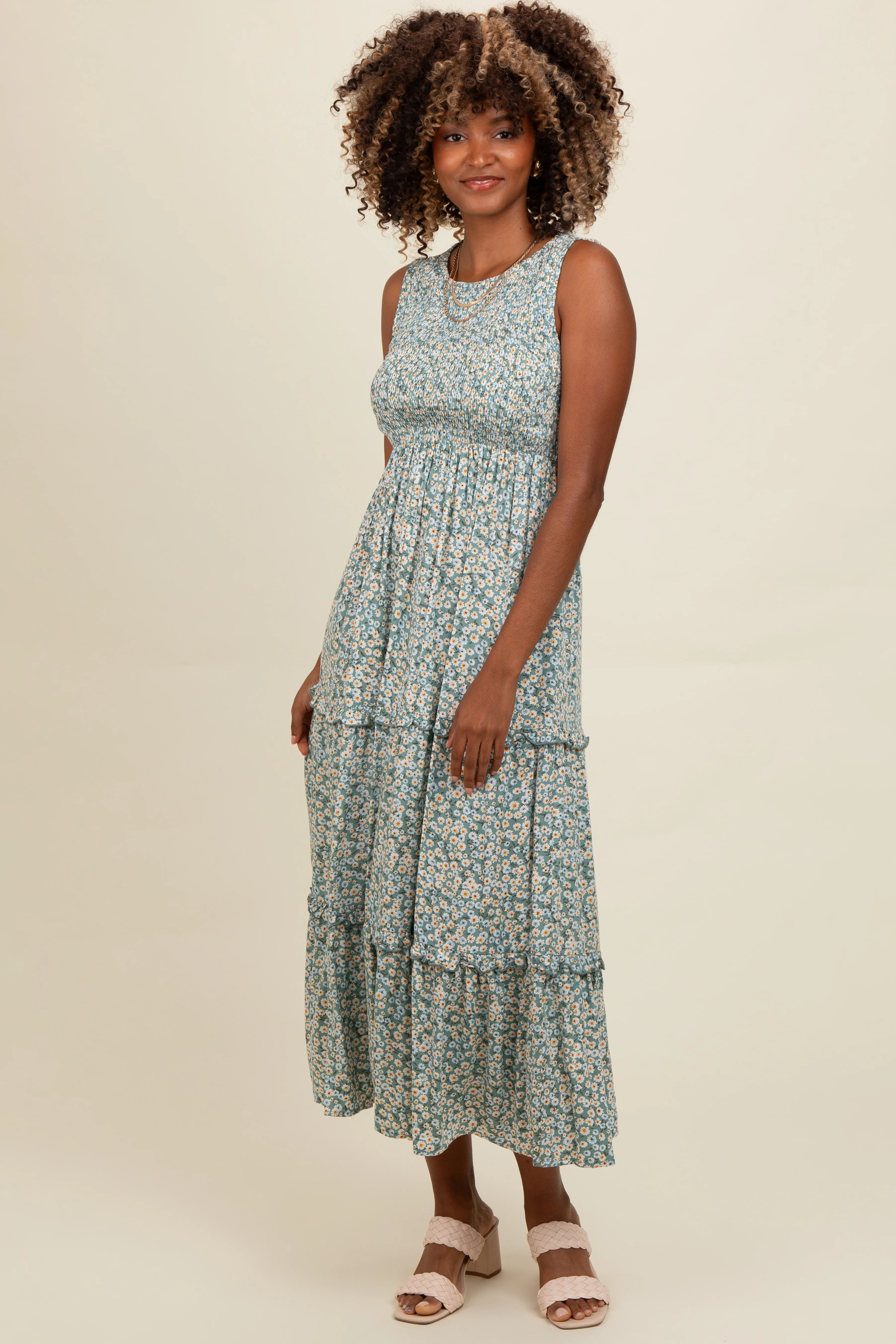 Light Olive Floral Sleeveless Ruffle Tiered Maxi Dress - Image 2