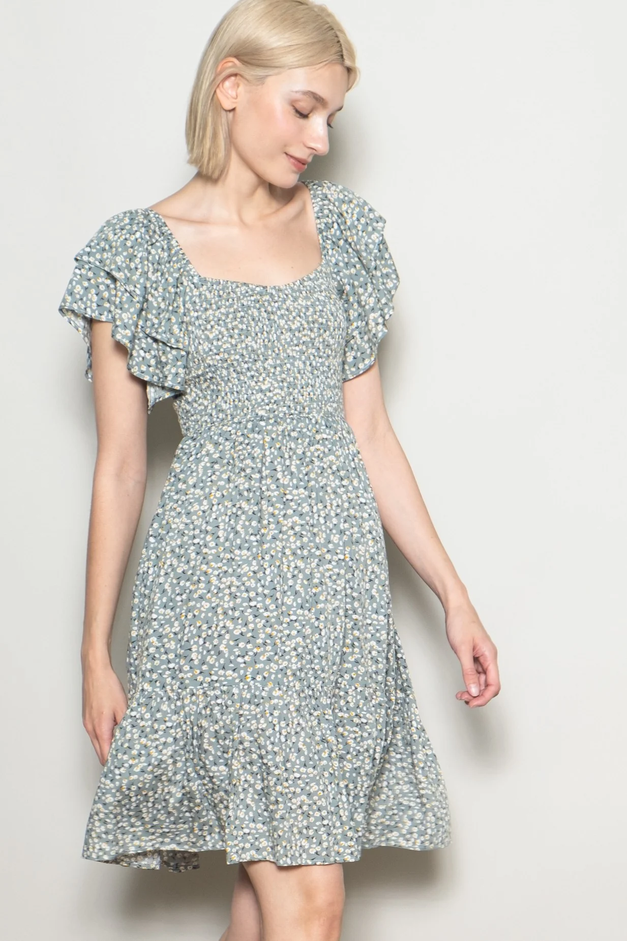 Light Olive Floral Smocked Flutter Sleeve Dress - Image 3