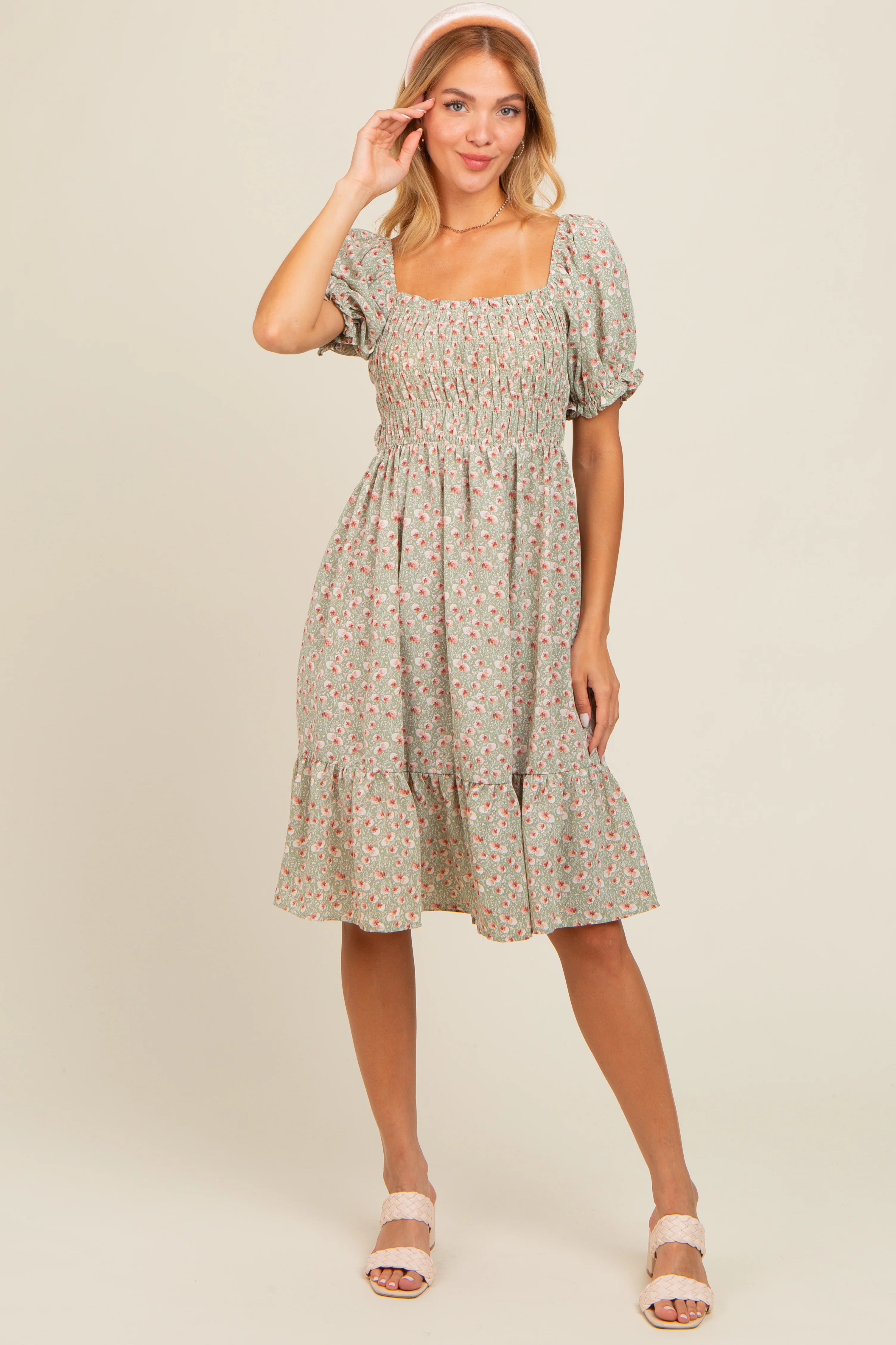 Light Olive Floral Smocked Maternity Dress - Image 5
