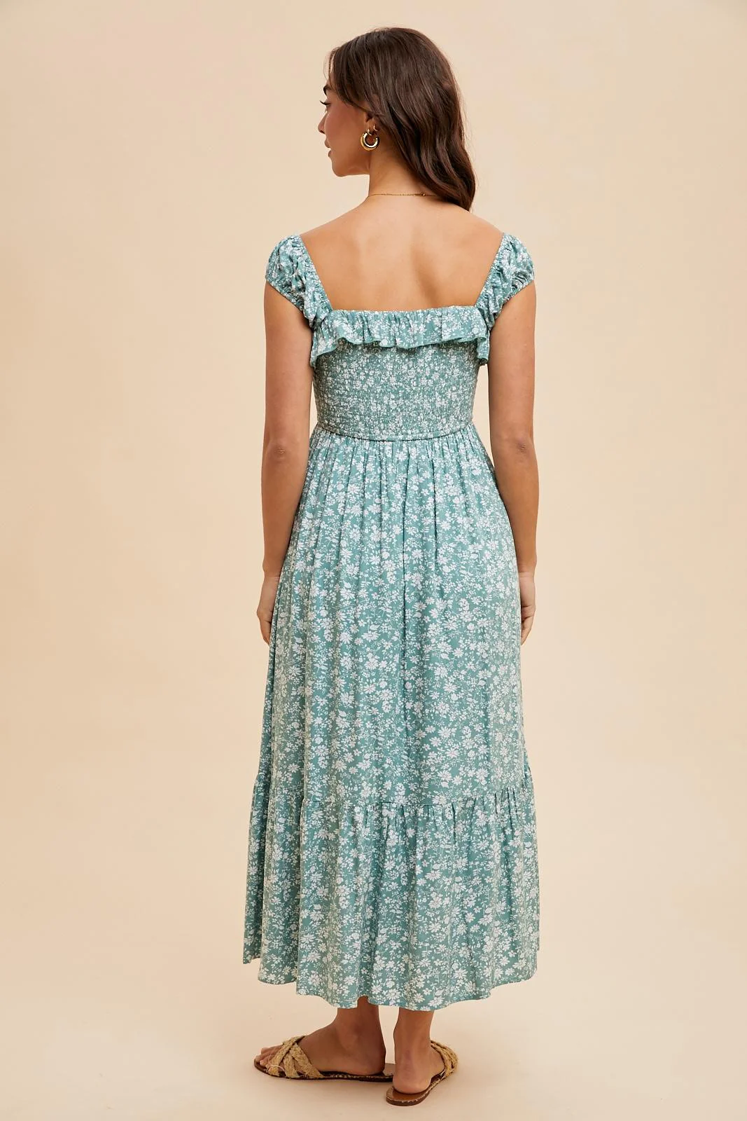 Light Olive Floral Smocked Ruffle Detail Midi Dress - Image 5