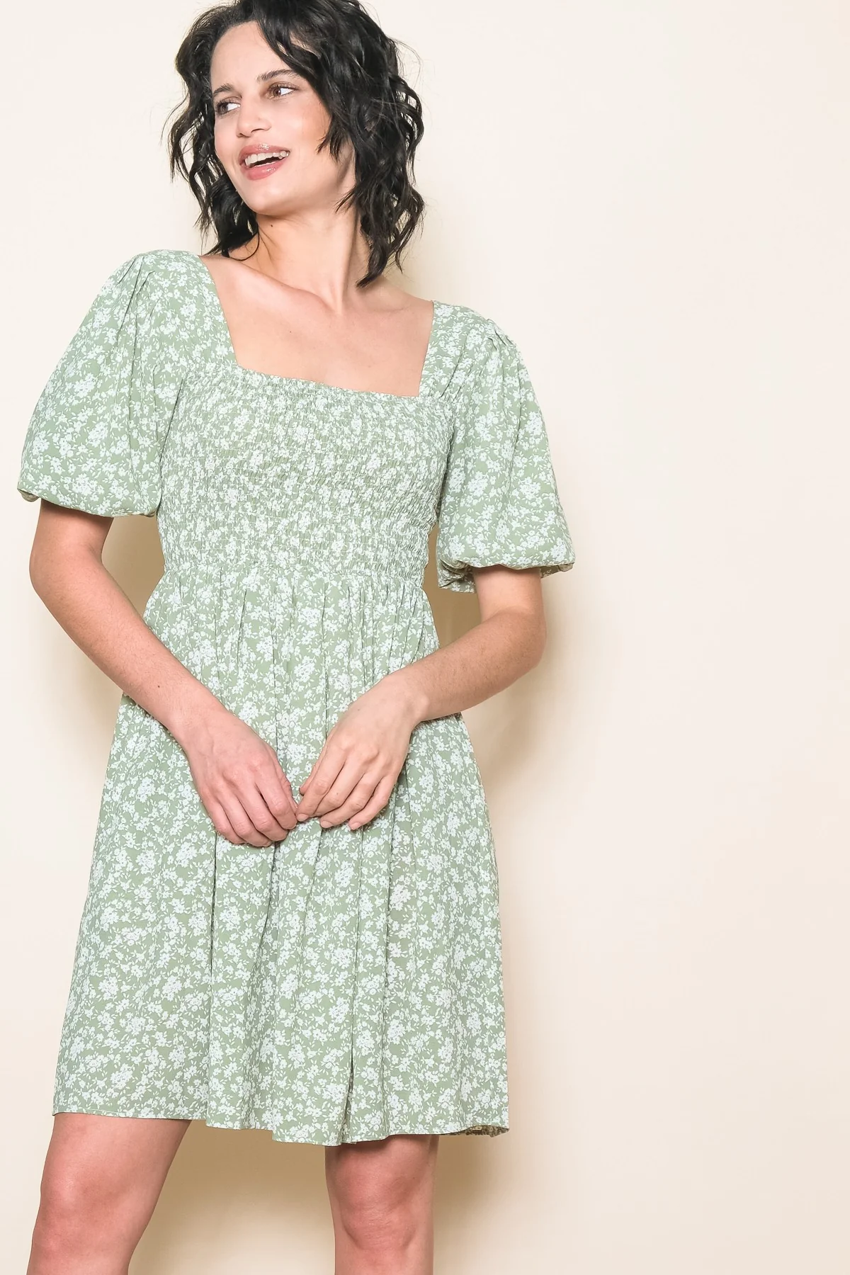Light Olive Floral Smocked Tie Back Maternity Dress - Image 4