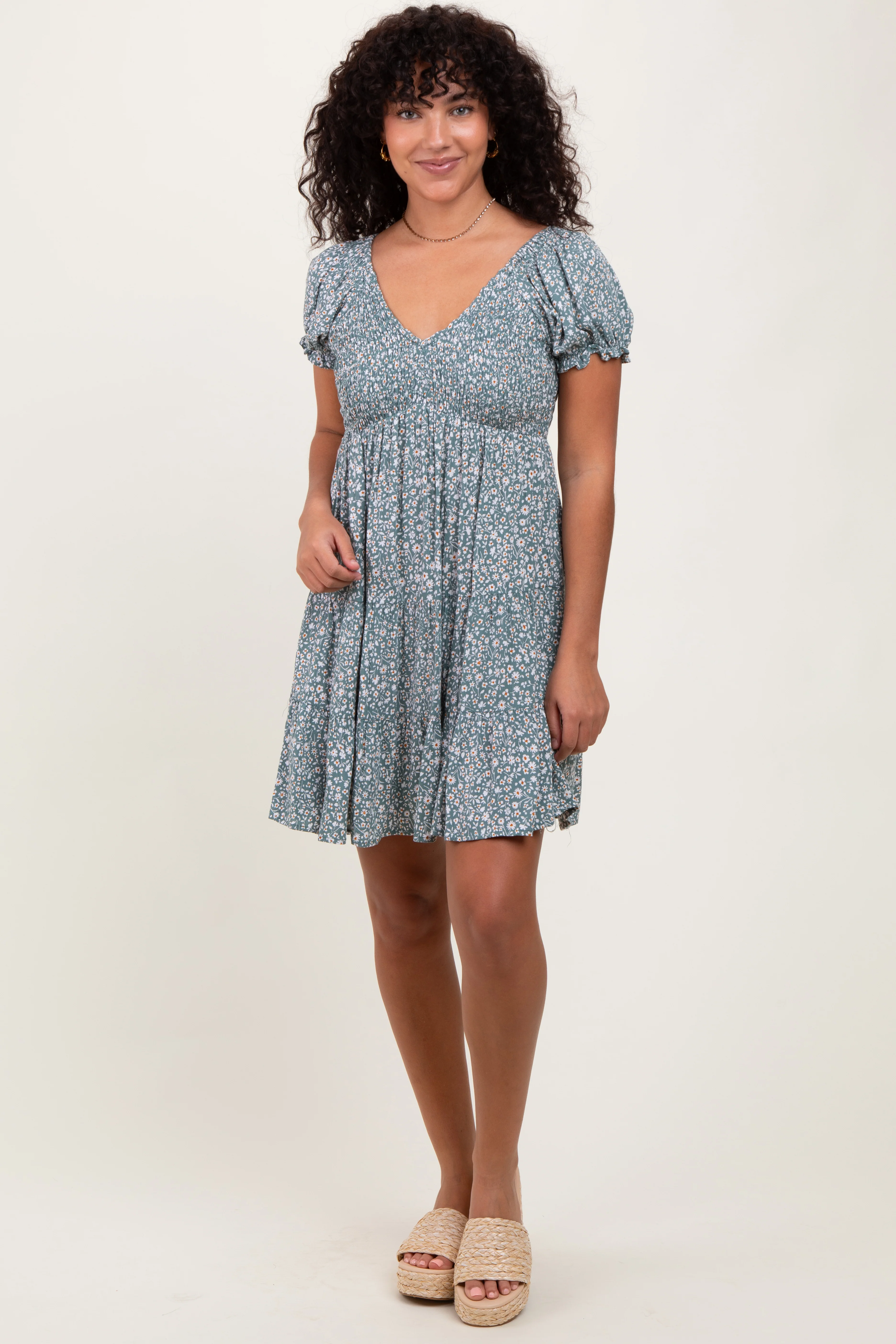 Light Olive Floral Smocked V-Neck Flutter Sleeve Dress - Image 2