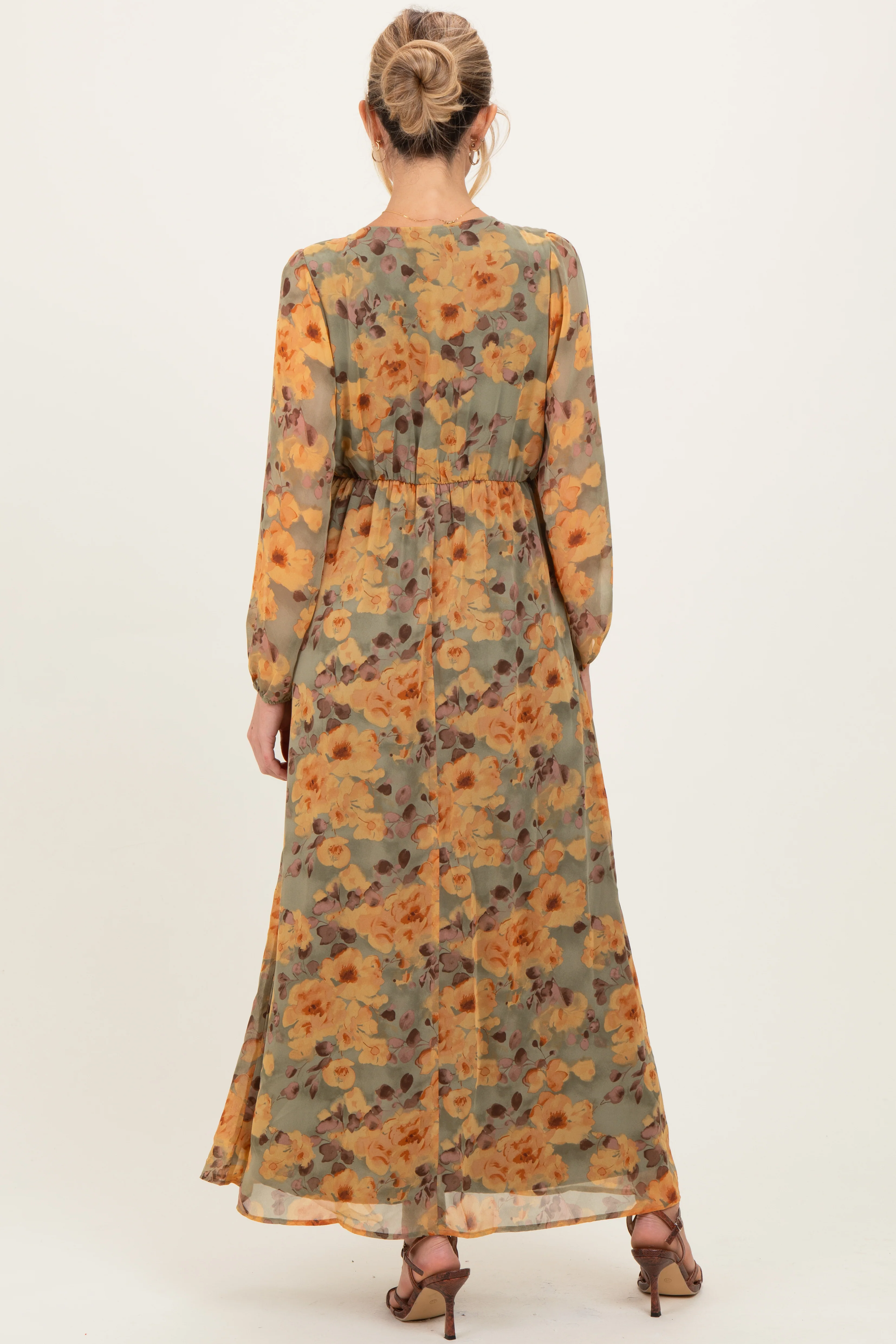 Light Olive Floral V-Neck Long Sleeve Maternity Midi Dress - Image 4