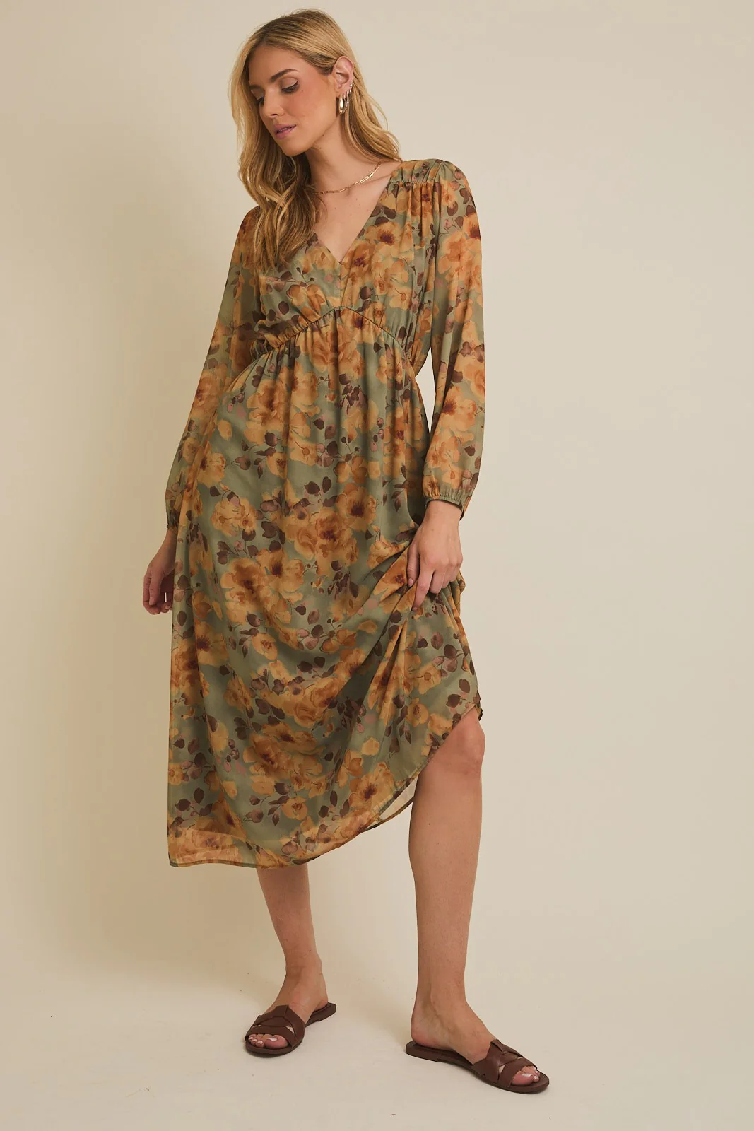 Light Olive Floral V-Neck Long Sleeve Midi Dress - Image 4