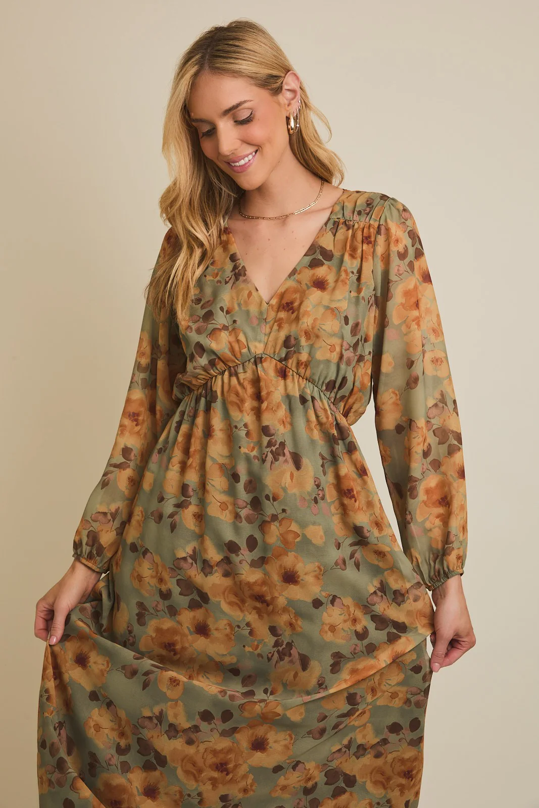 Light Olive Floral V-Neck Long Sleeve Midi Dress - Image 7