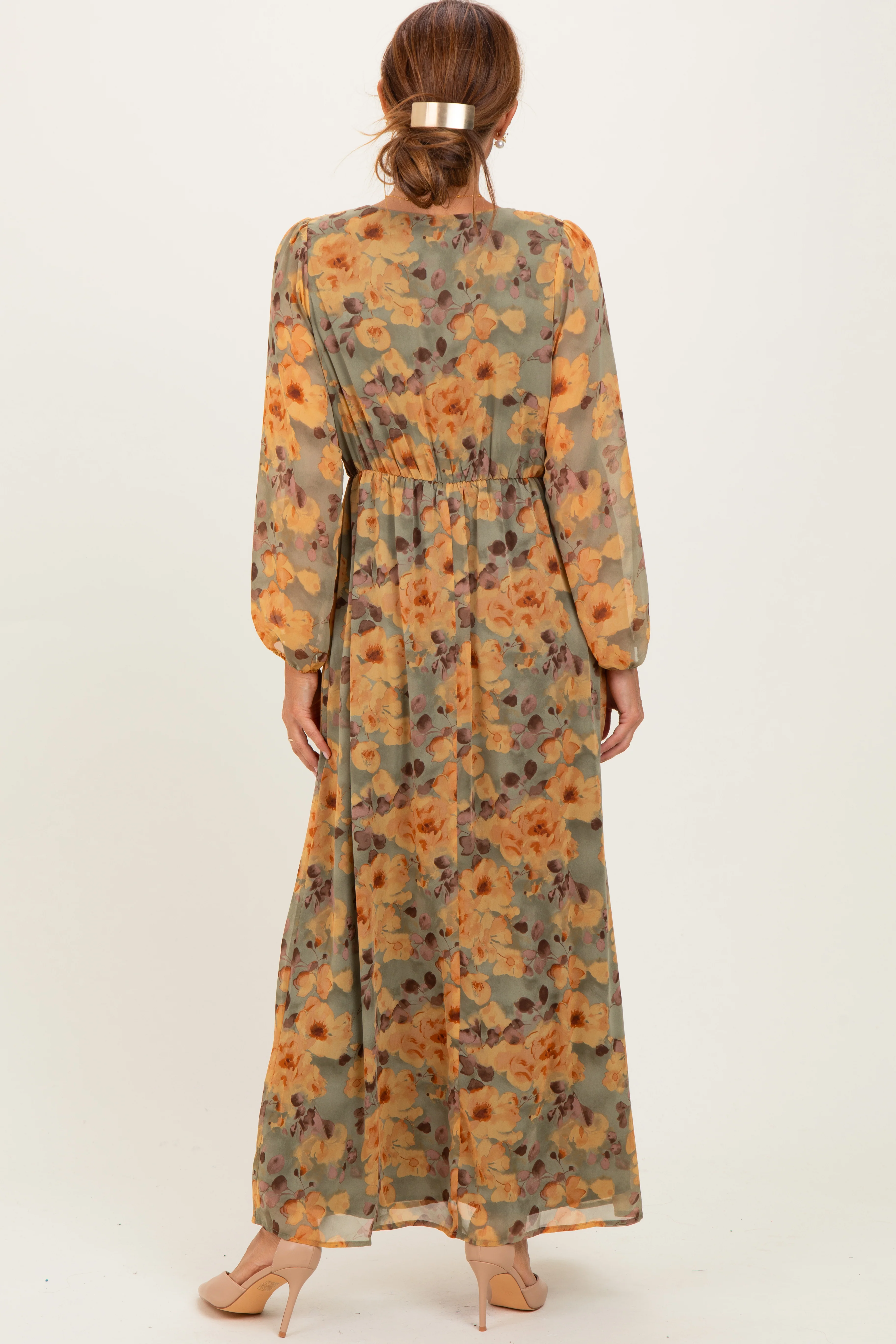 Light Olive Floral V-Neck Long Sleeve Midi Dress - Image 8