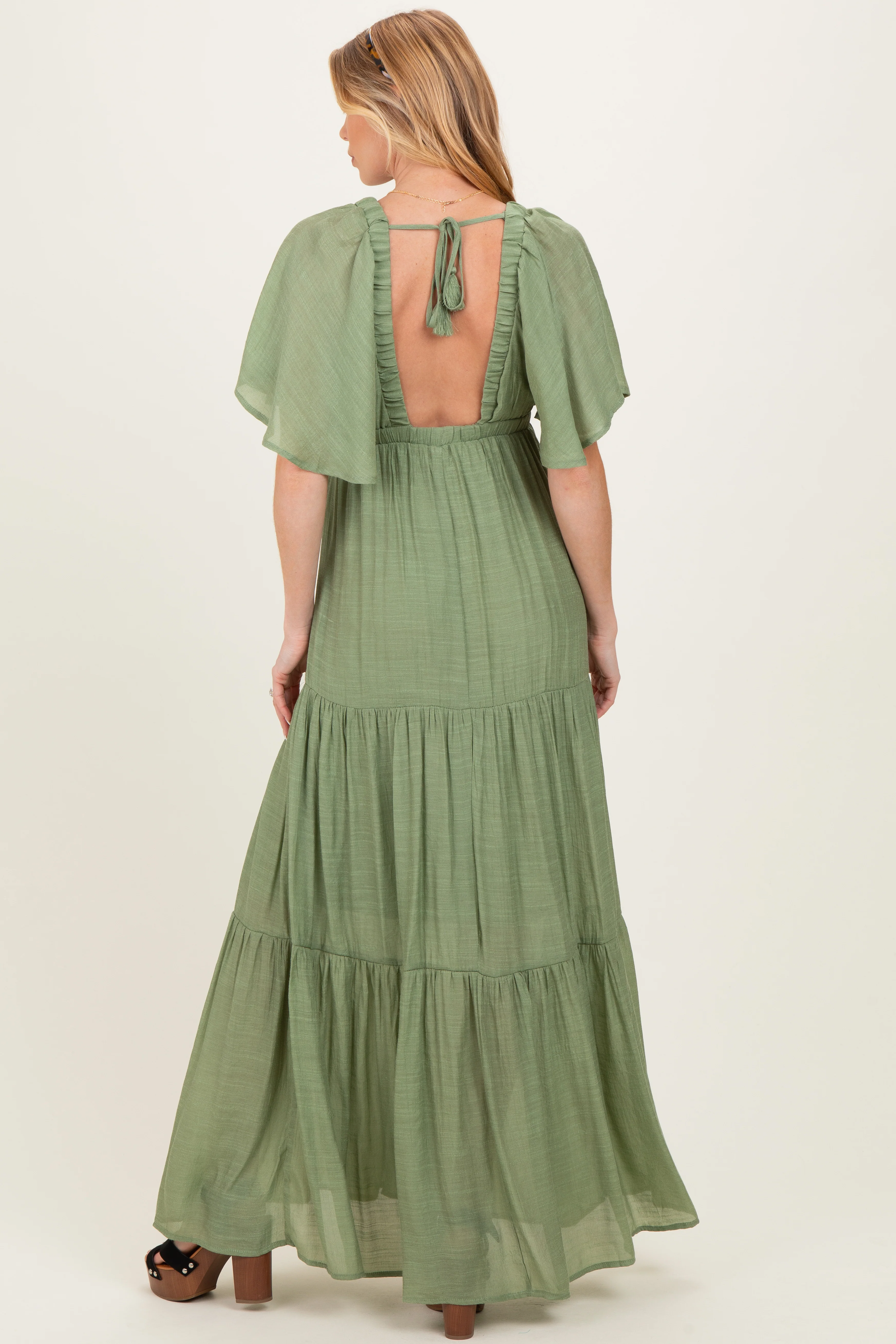 Light Olive Flutter Sleeve Maternity Maxi Dress - Image 3