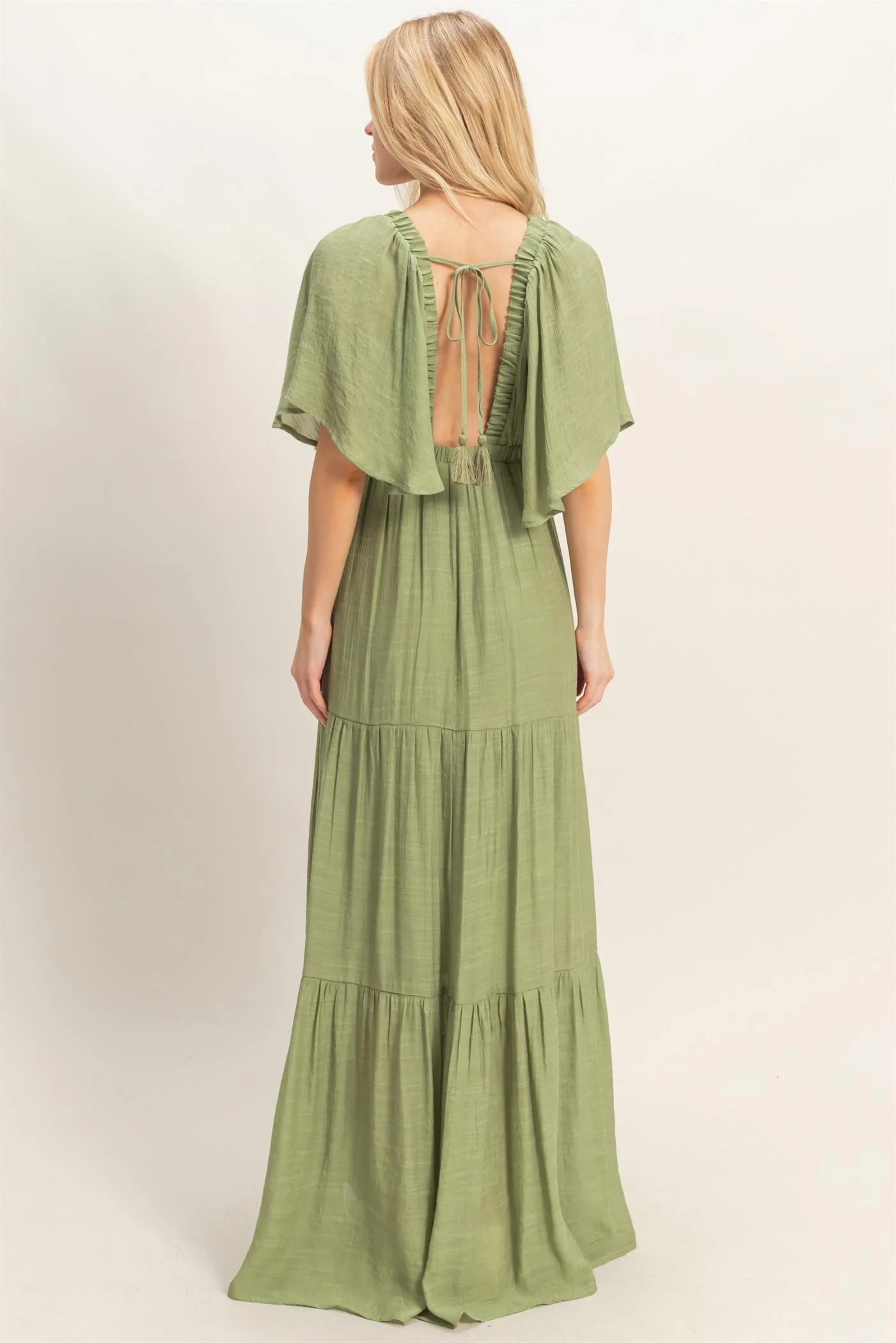 Light Olive Flutter Sleeve Maxi Dress - Image 4