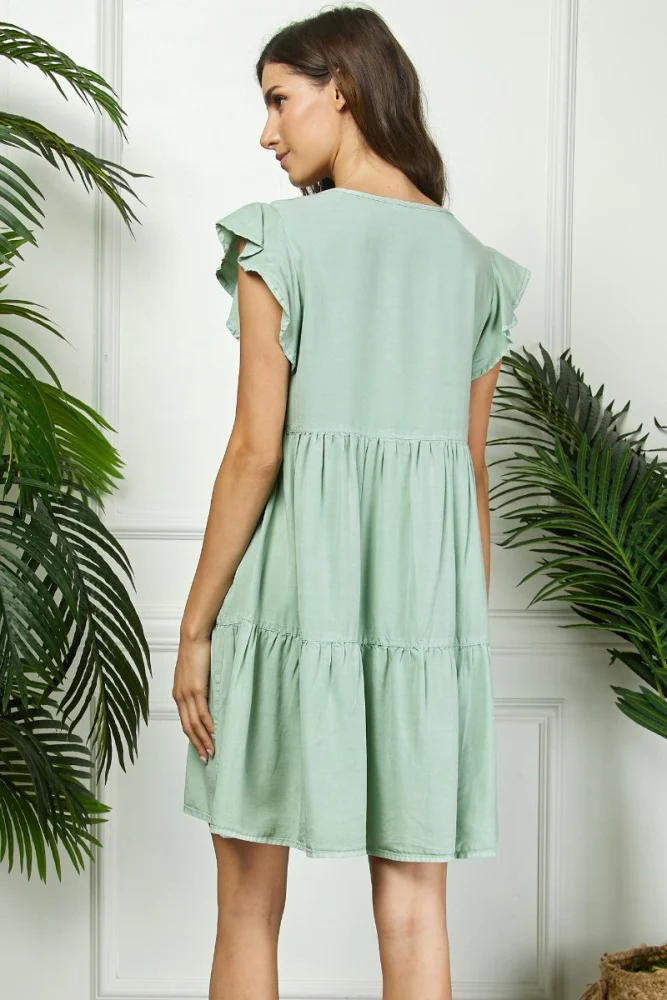 Light Olive Flutter Sleeve Tiered Dress - Image 3
