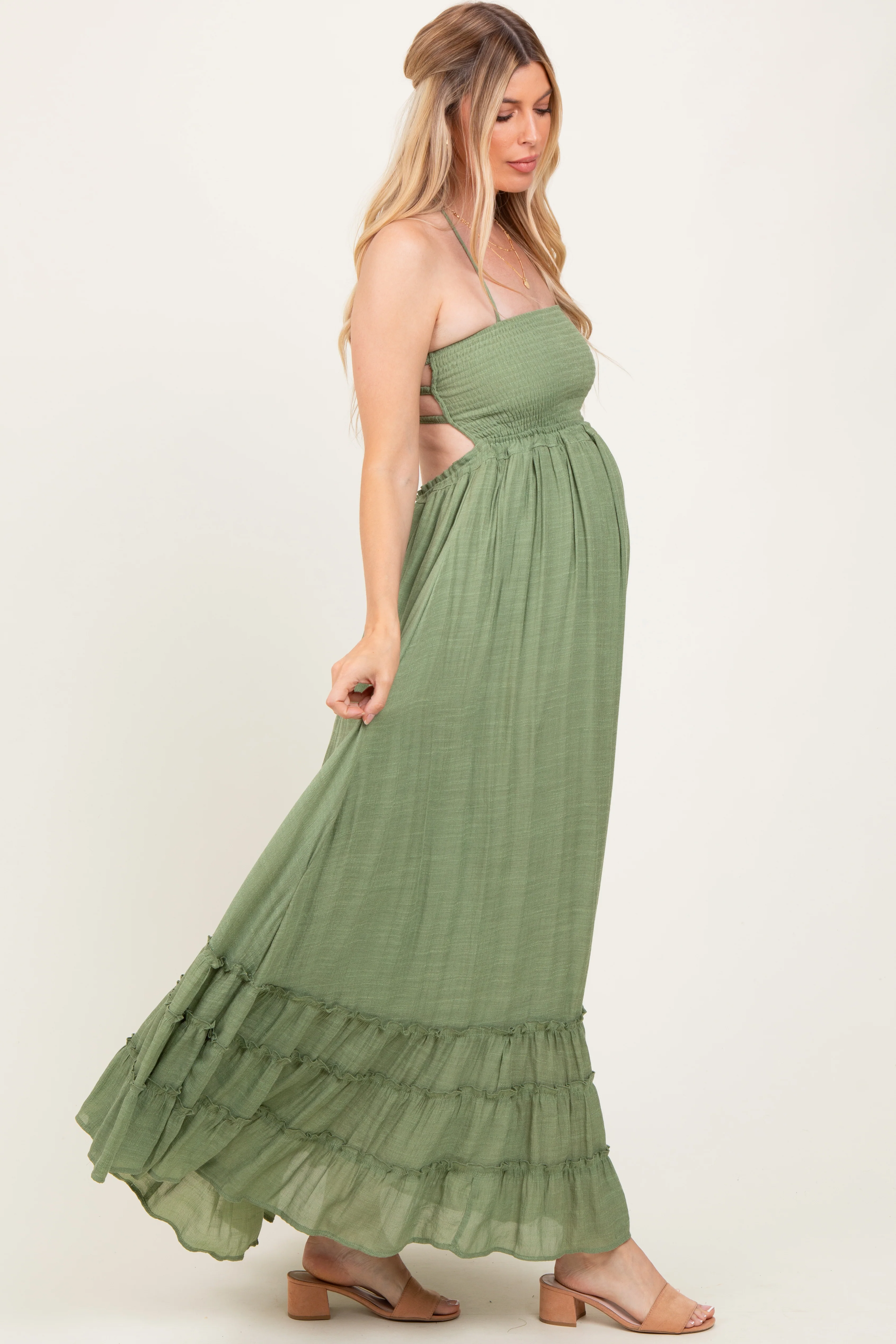 Light Olive Halter Neck Smocked Tiered Hem Maternity Maxi Dress - Image 3