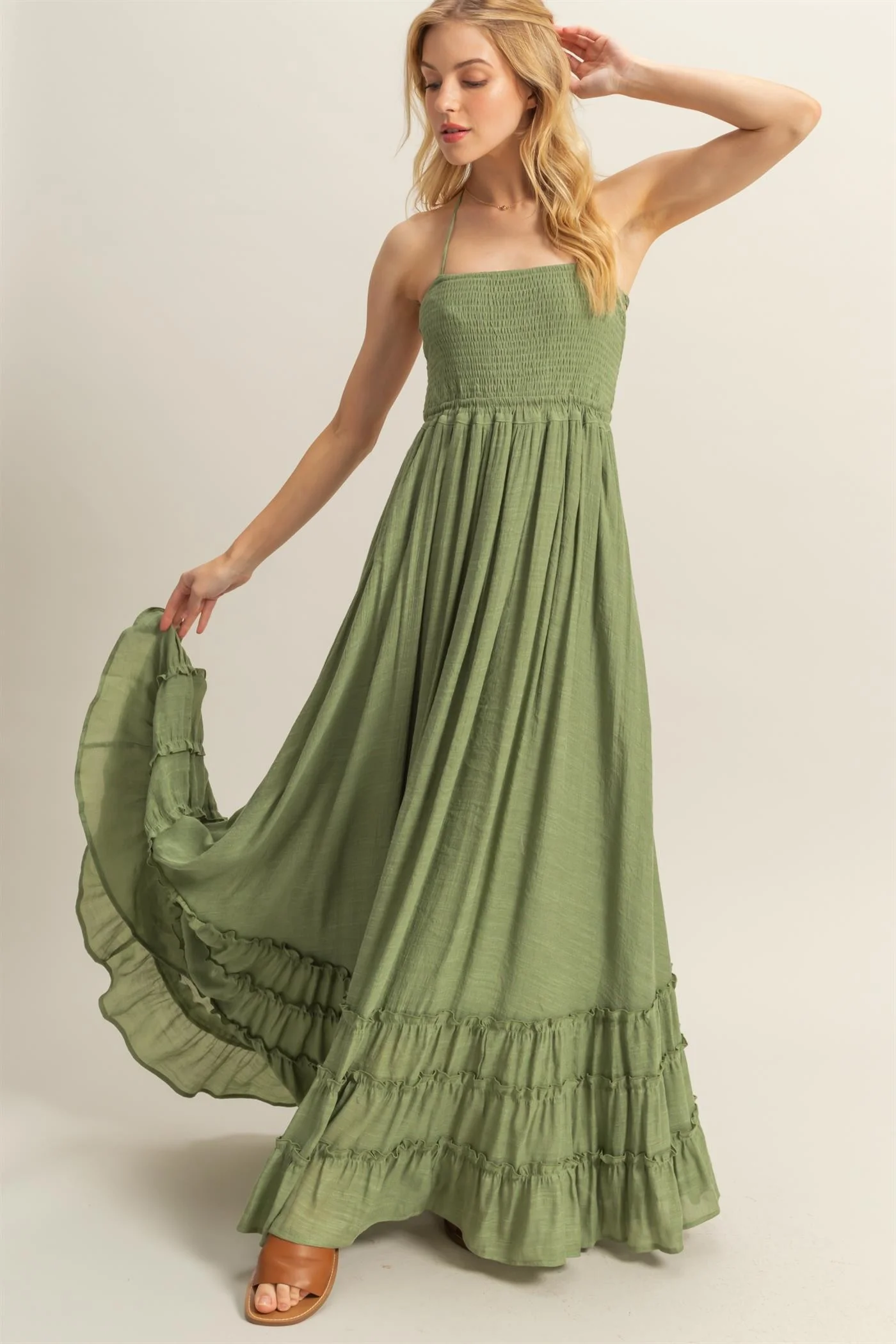 Light Olive Halter Neck Smocked Tiered Hem Maternity Maxi Dress - Image 5