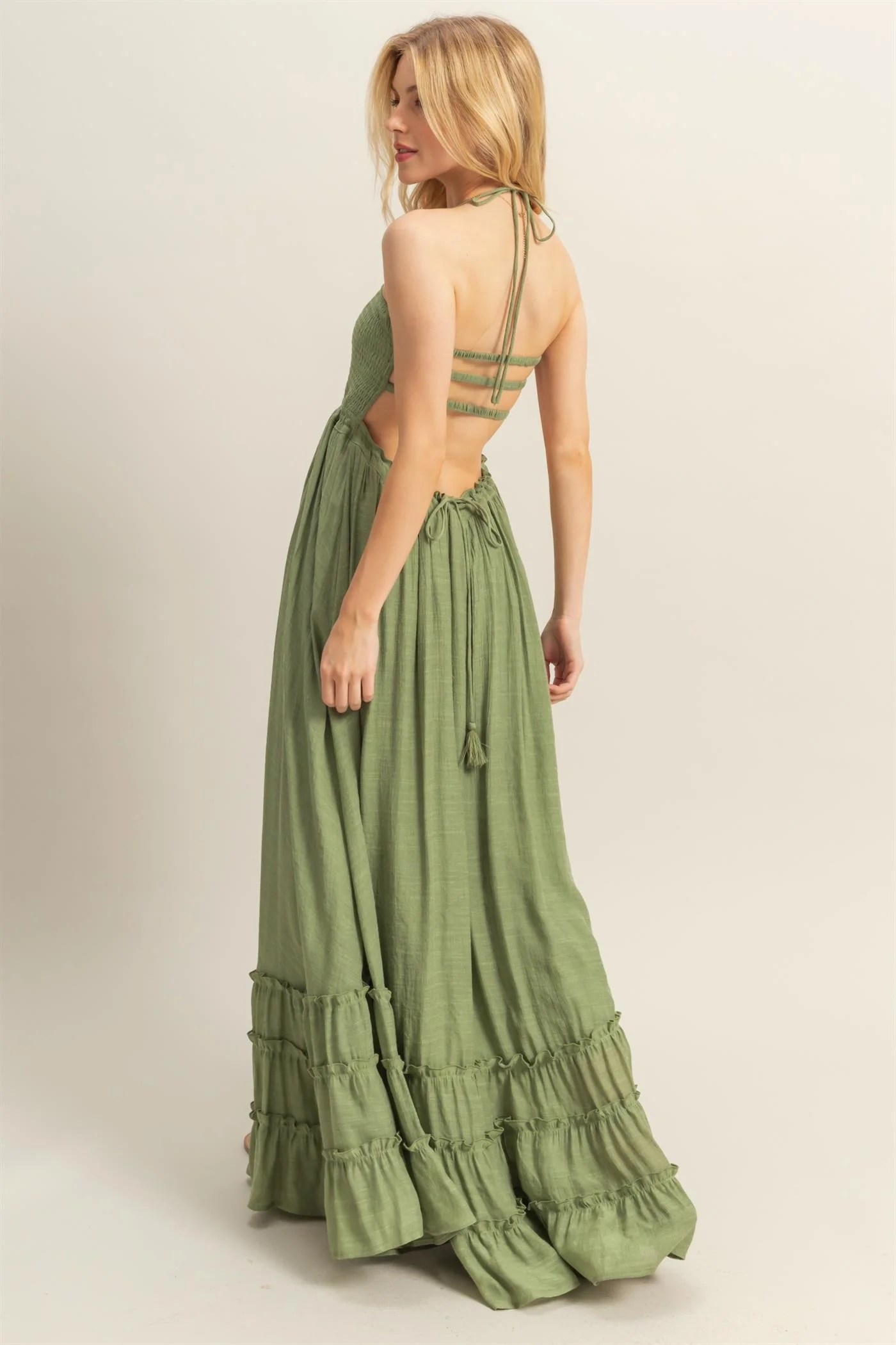 Light Olive Halter Neck Smocked Tiered Hem Maxi Dress - Image 3