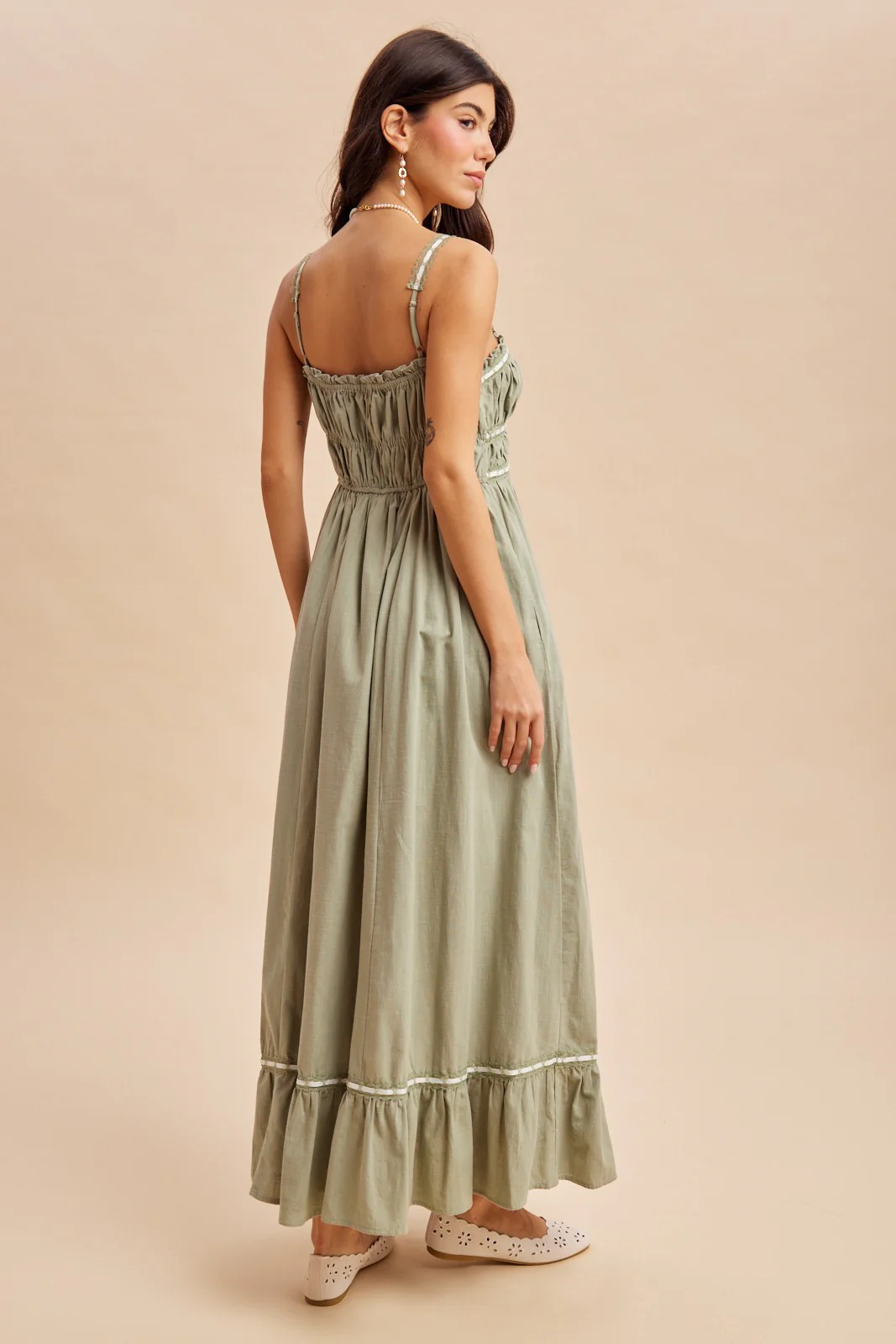 Light Olive Lace Ribbon Detail Maxi Dress - Image 3