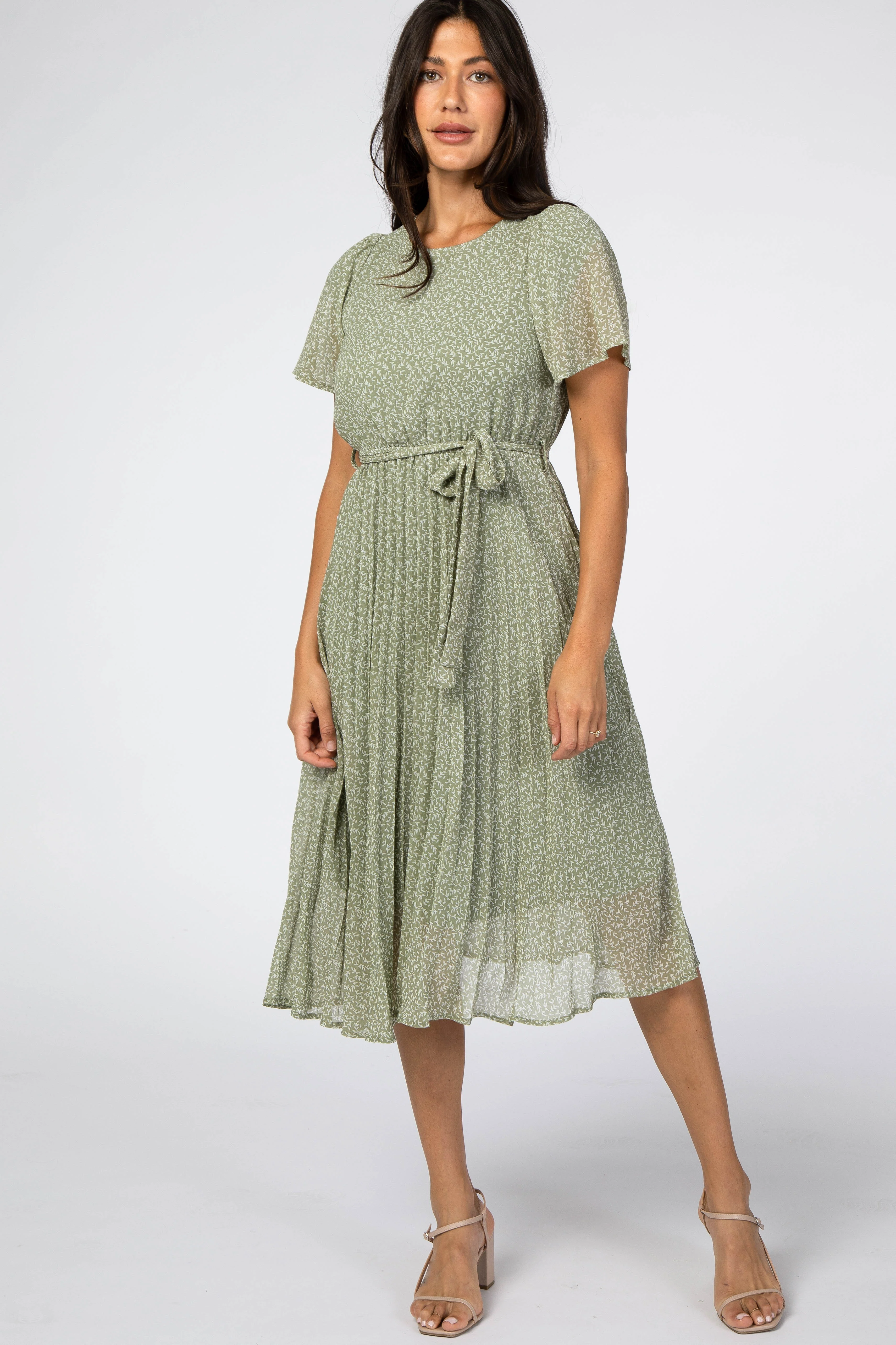 Light Olive Leaf Print Pleated Maternity Midi Dress - Image 8