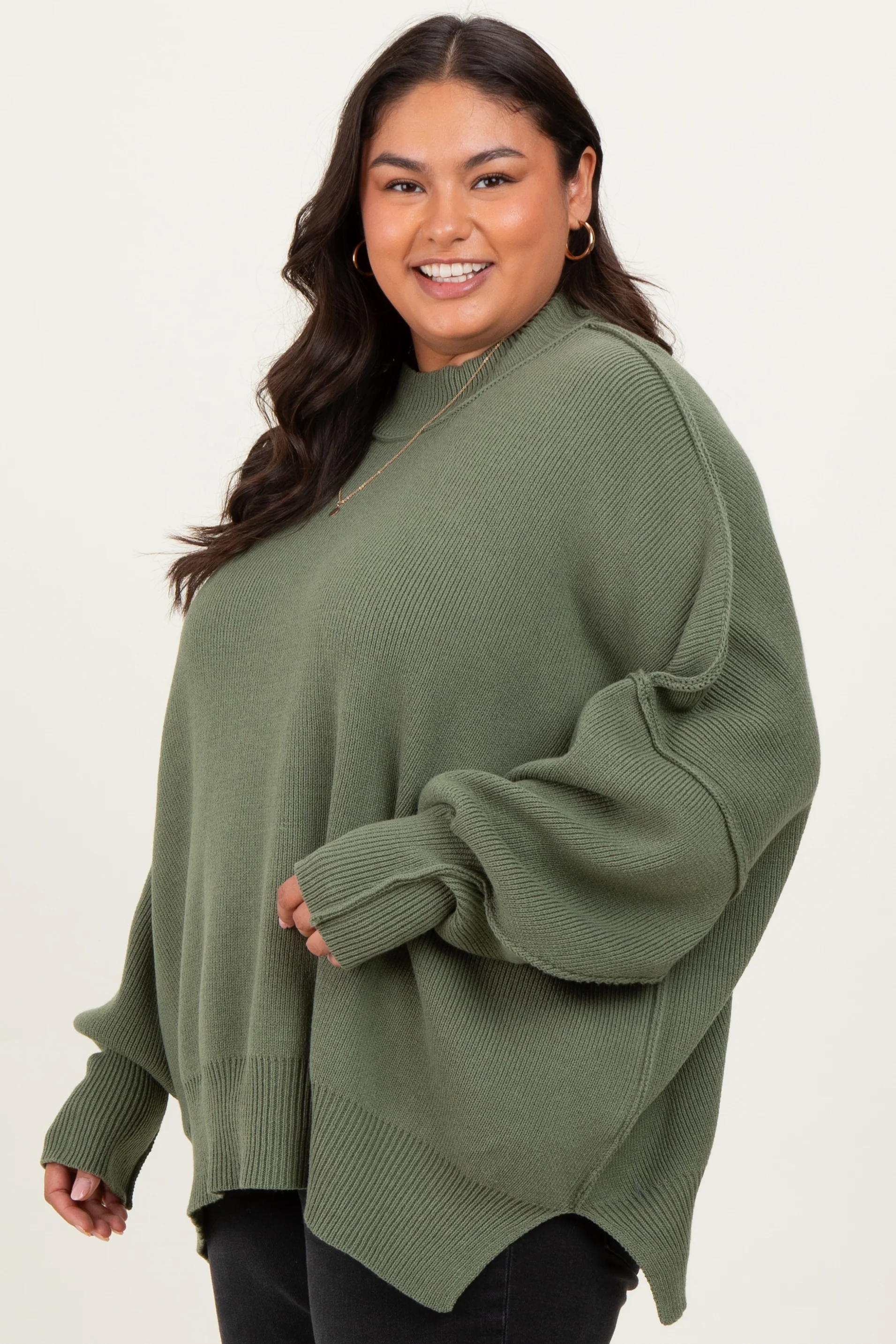 Light Olive Mock Neck Exposed Seam Sweater - Image 3