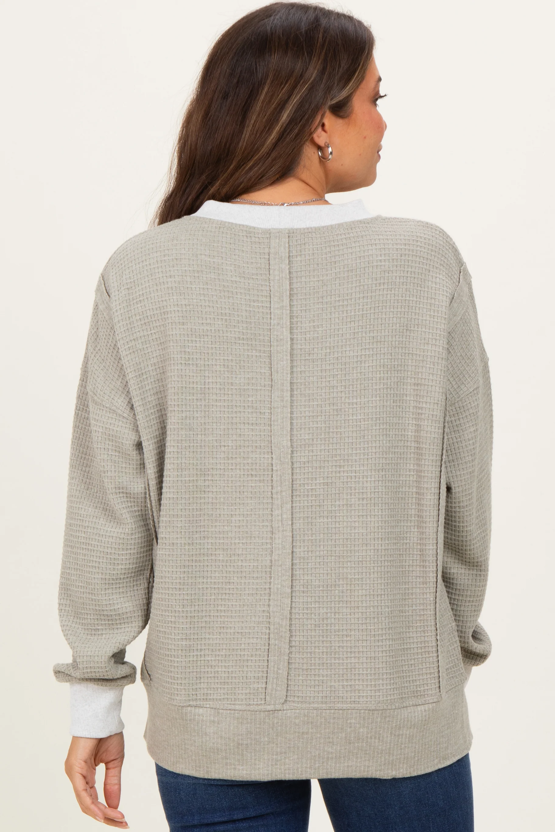 Light Olive Oversized Contrast Trim Maternity Thermal Pullover - Image 4