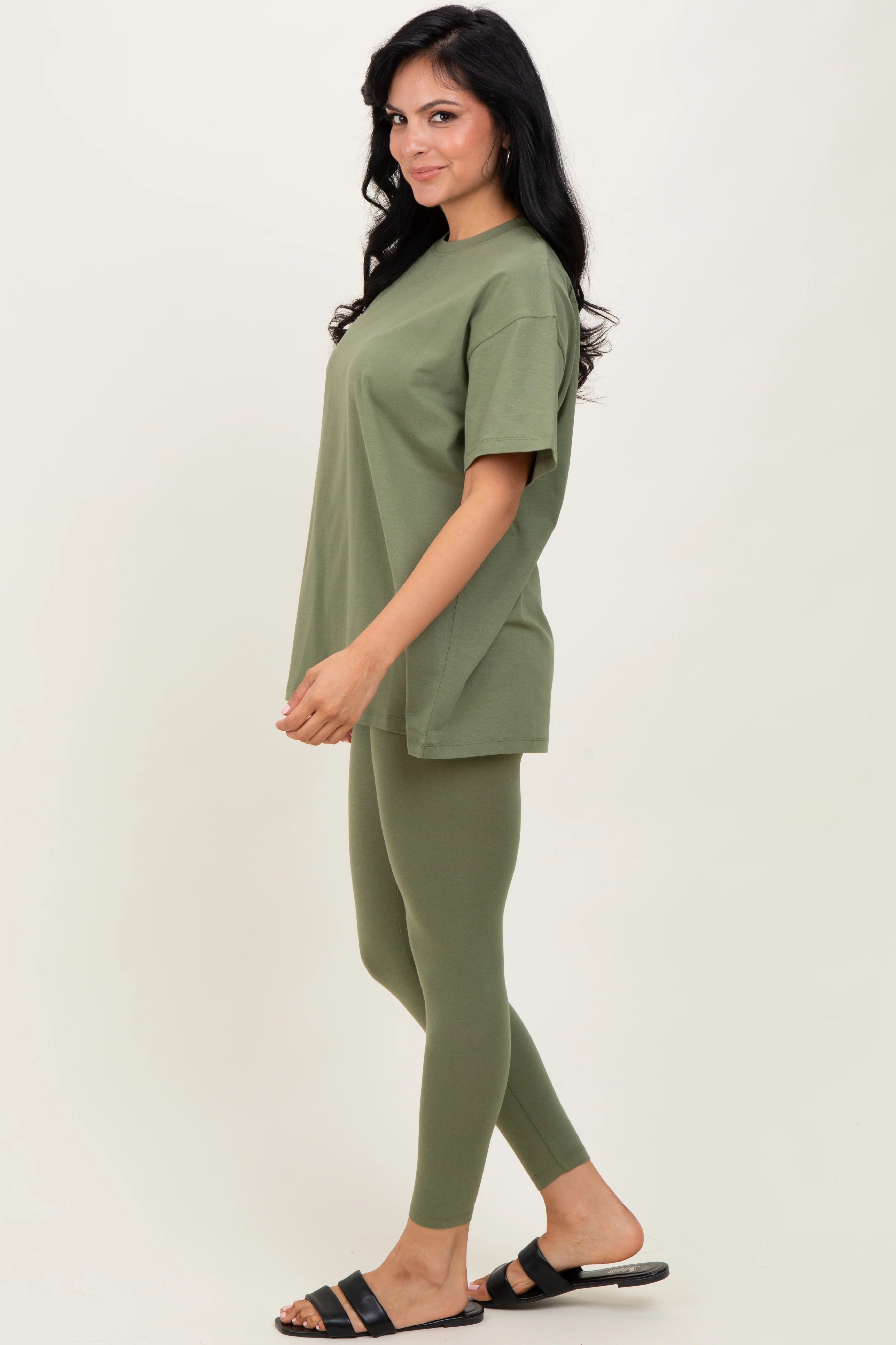 Light Olive Oversized Crewneck Short Sleeve and Legging Set - Image 3