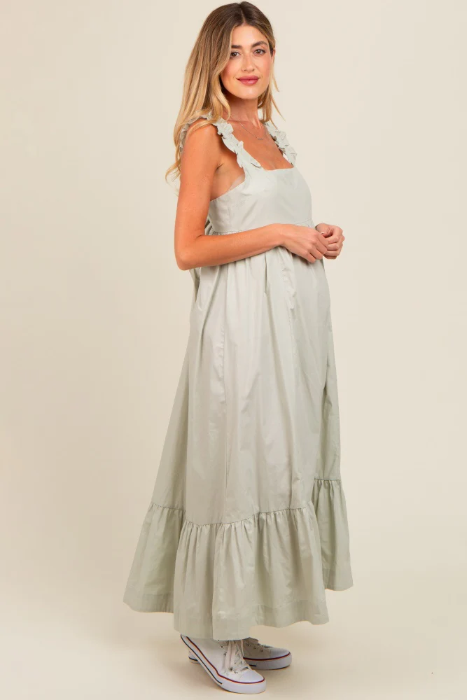 Light Olive Pinafore Cutout Tie Back Maternity Maxi Dress - Image 2