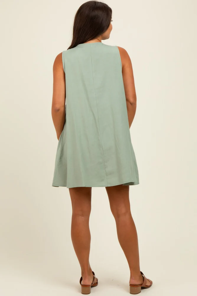 Light Olive Pleated Front Tie Linen Blend Maternity Dress - Image 3