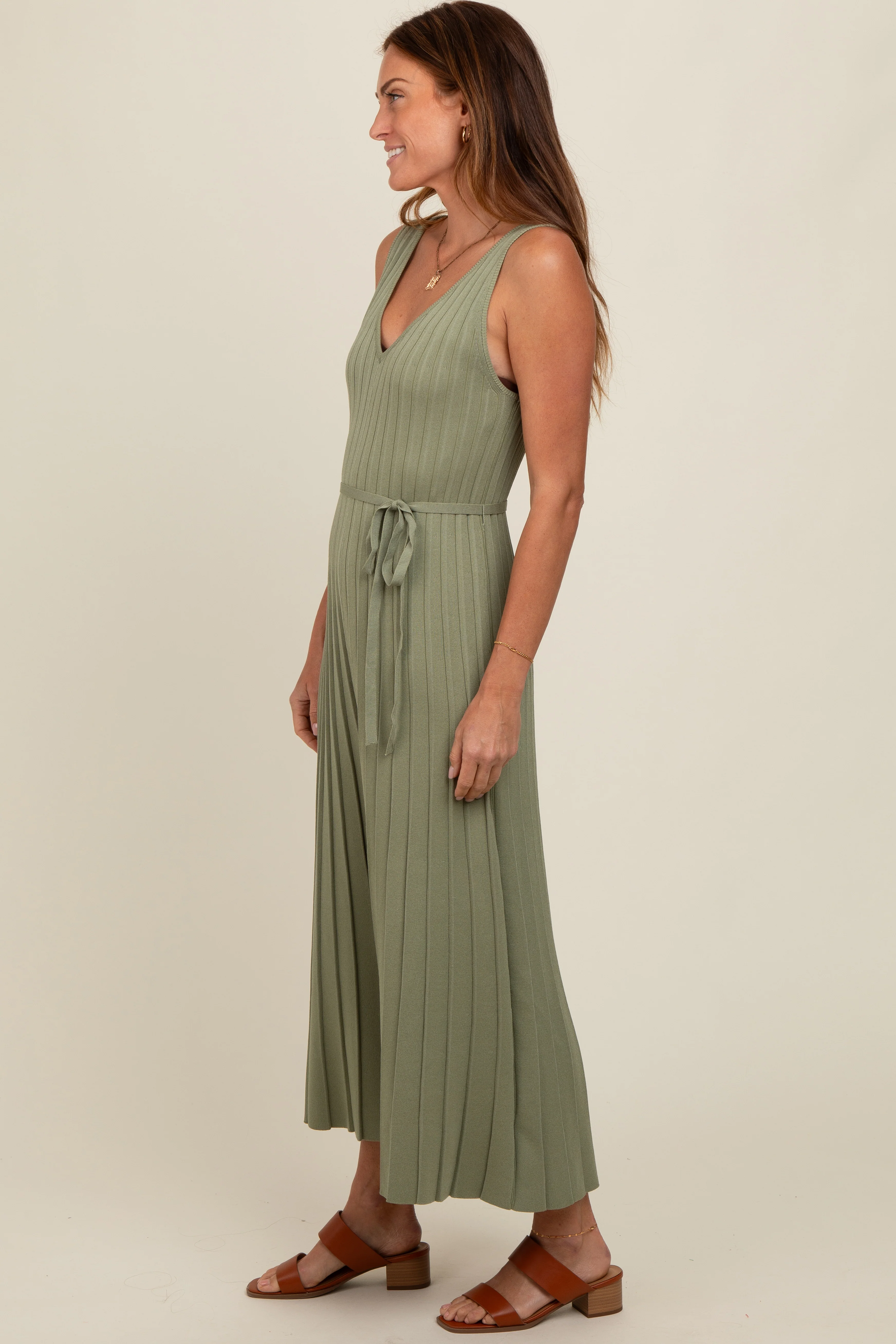 Light Olive Pleated V-Neck Waist Tie Sweater Maxi Dress - Image 3