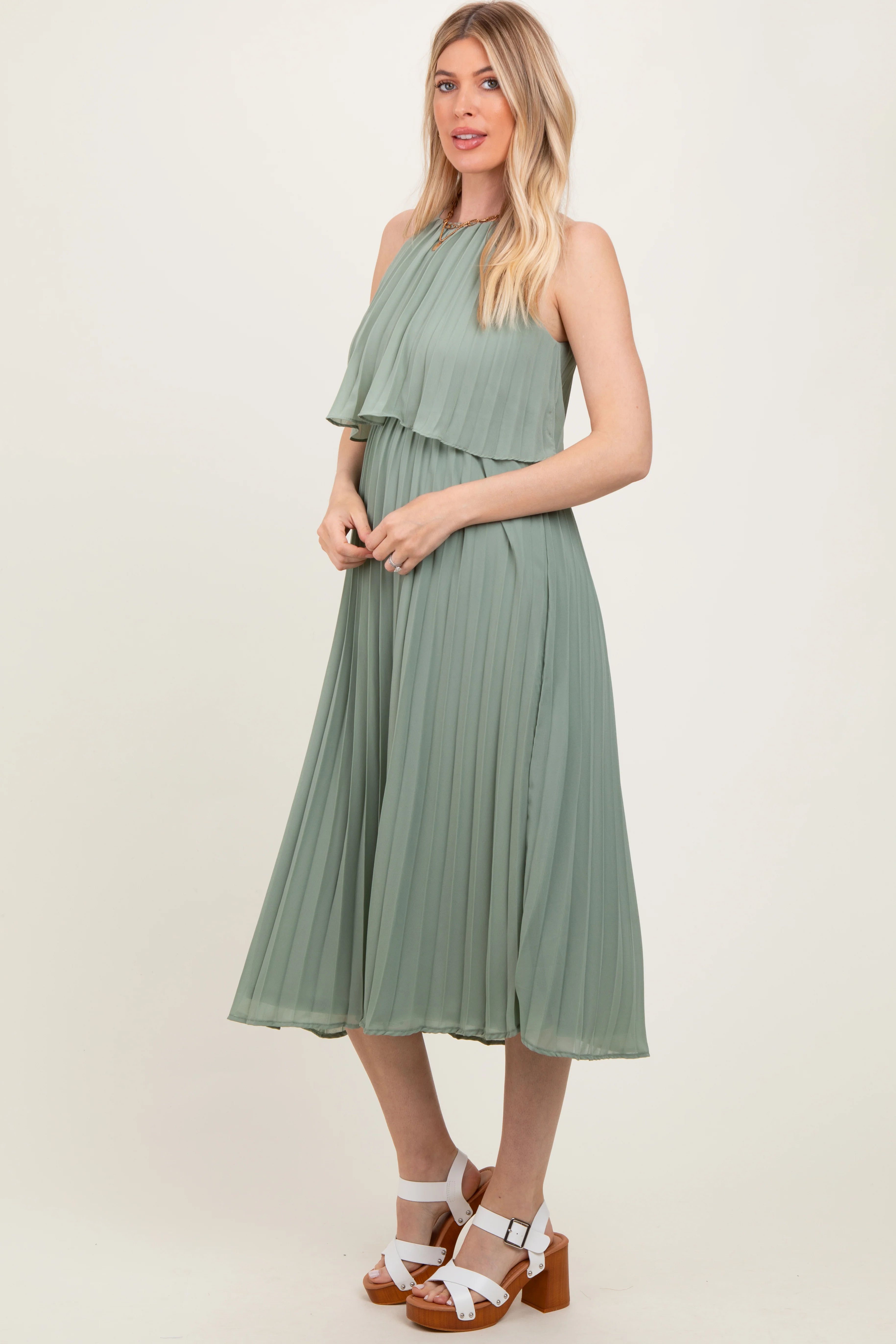 Light Olive Pleated Woven Midi Dress - Image 3