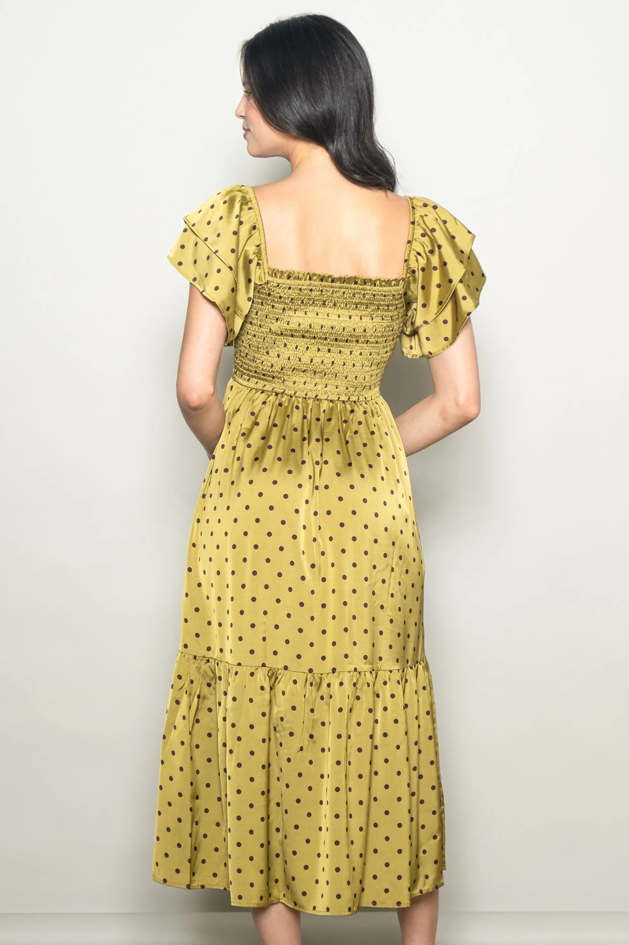 Light Olive Polka Dot Satin Smocked Flutter Sleeve Dress - Image 4