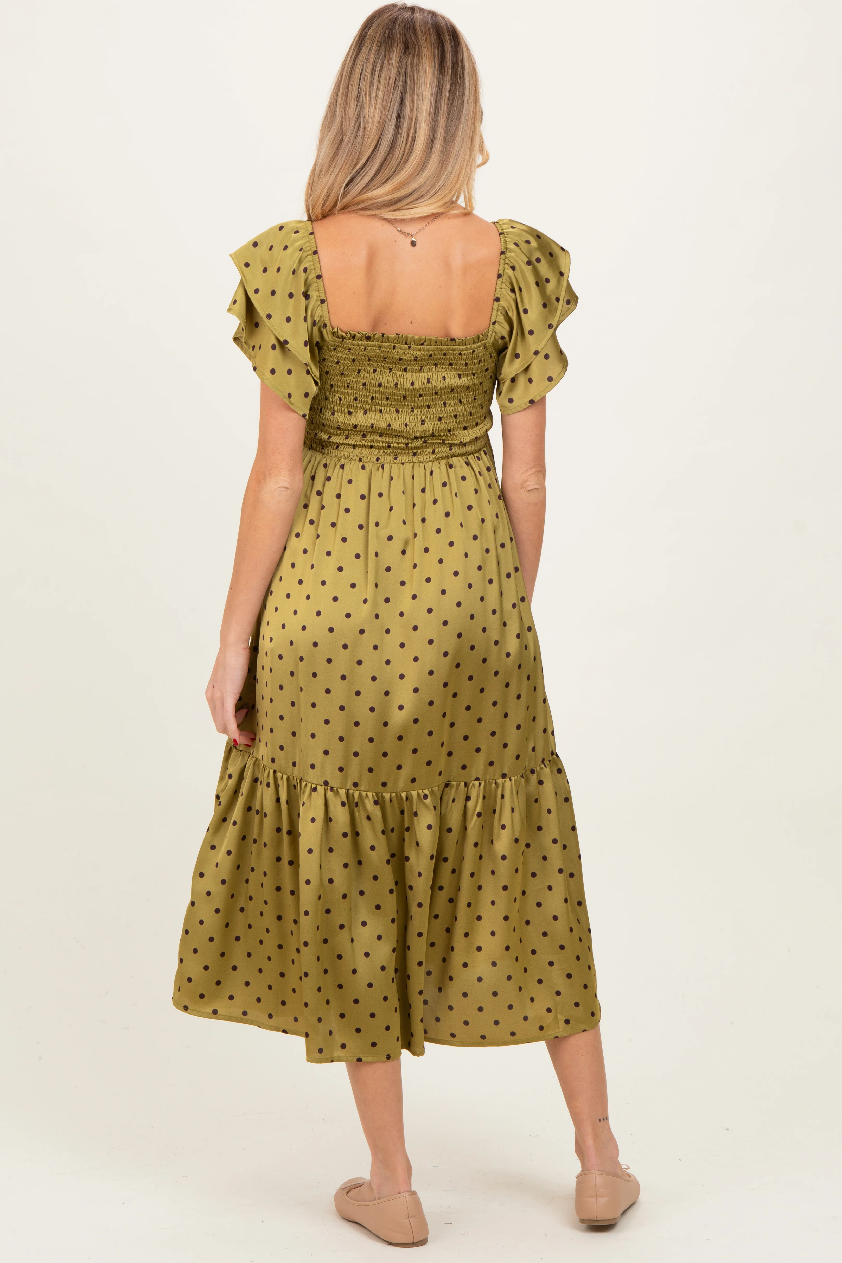 Light Olive Polka Dot Satin Smocked Flutter Sleeve Maternity Dress - Image 3