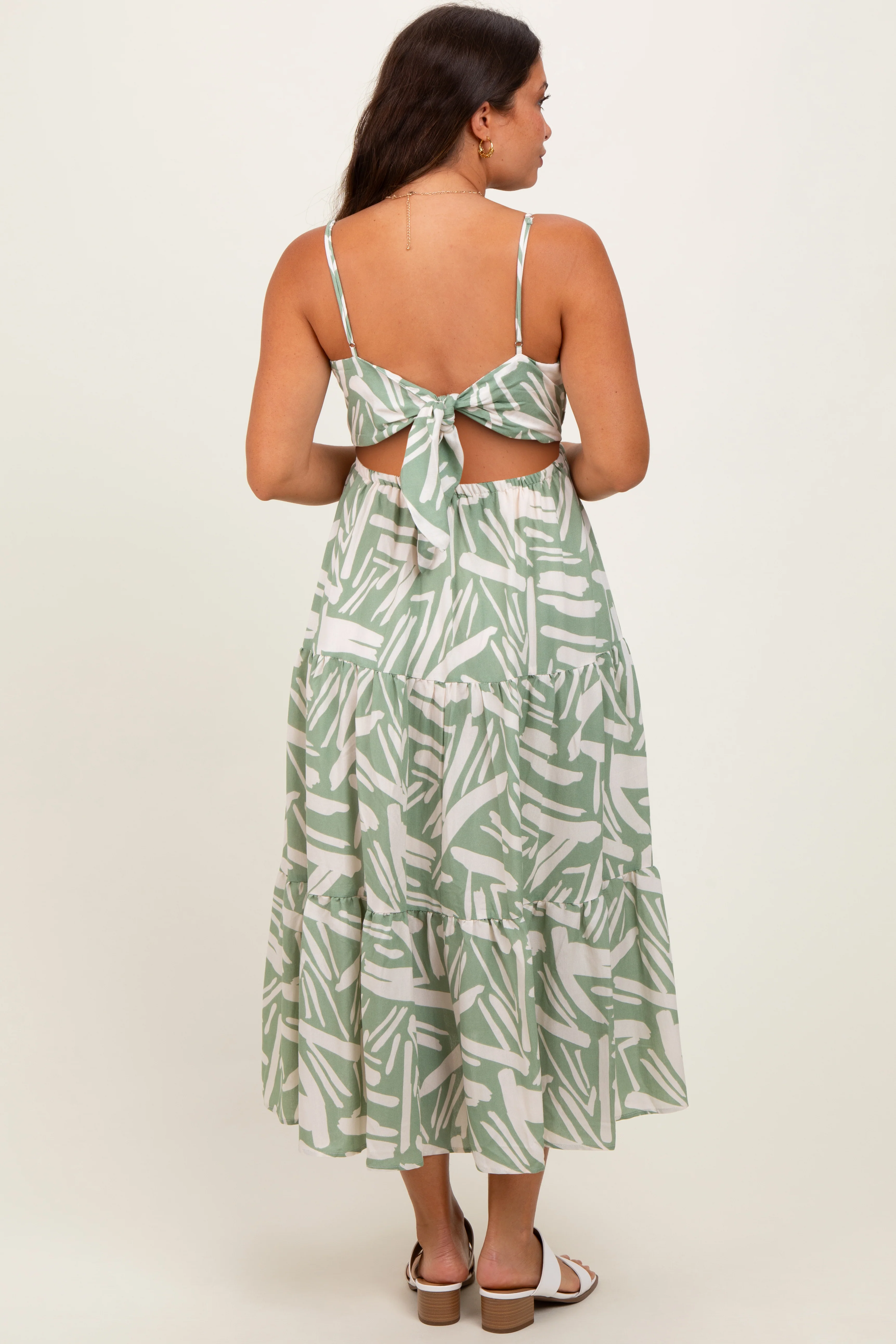 Light Olive Printed Cutout Tie Back Tiered Maternity Midi Dress - Image 4