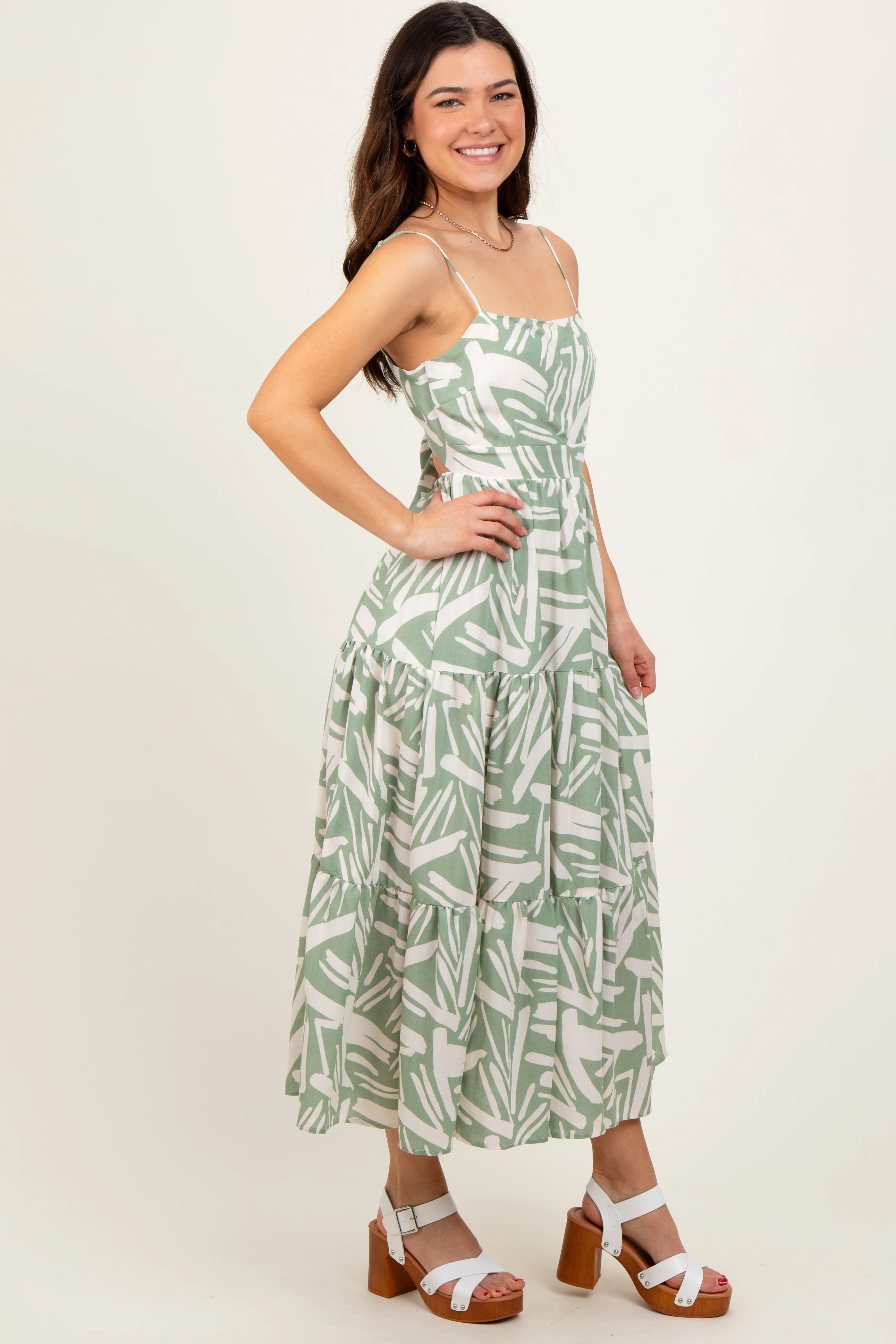 Light Olive Printed Cutout Tie Back Tiered Midi Dress - Image 3