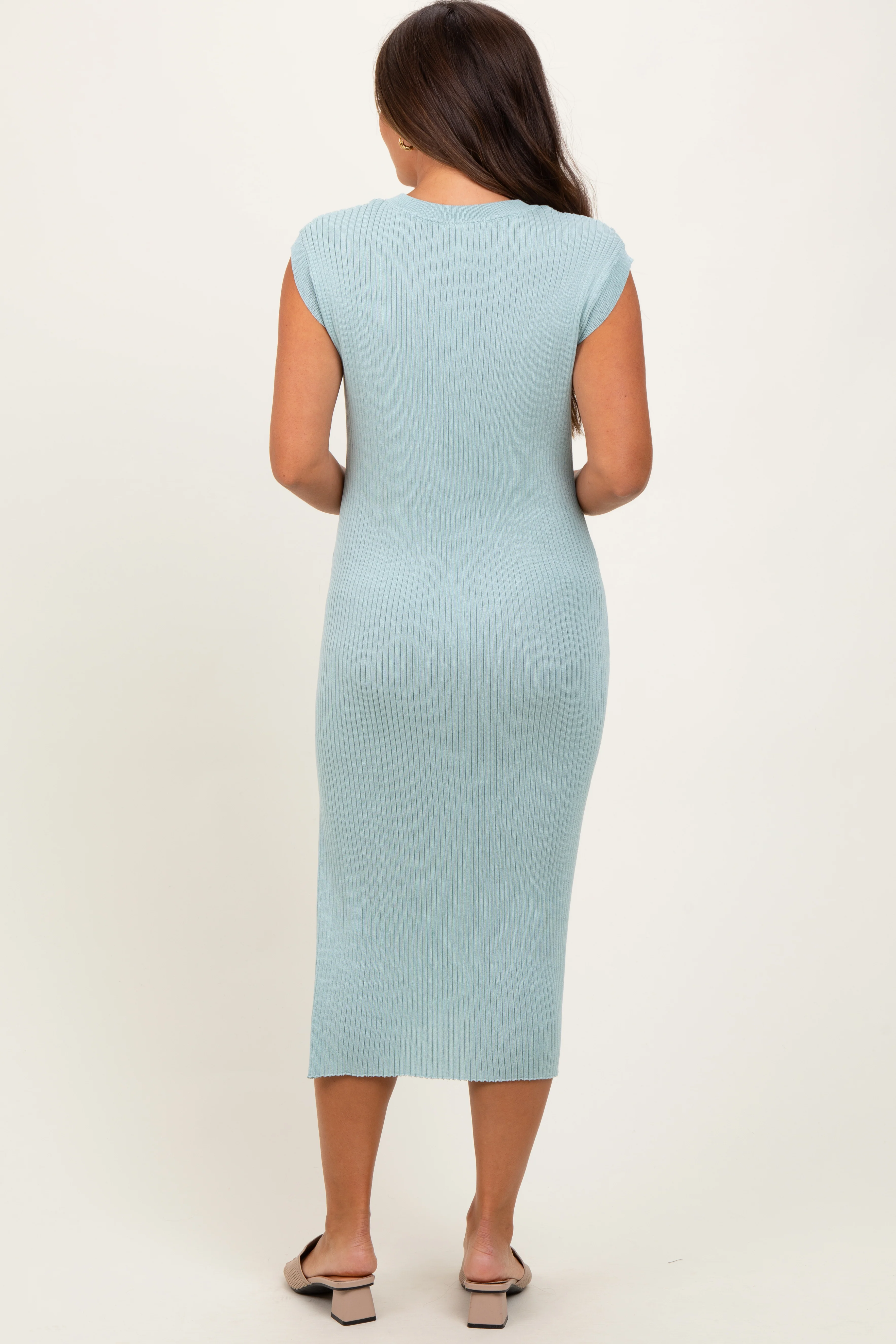 Light Olive Ribbed Knit Button Up Sleeveless Maternity Midi Dress - Image 3