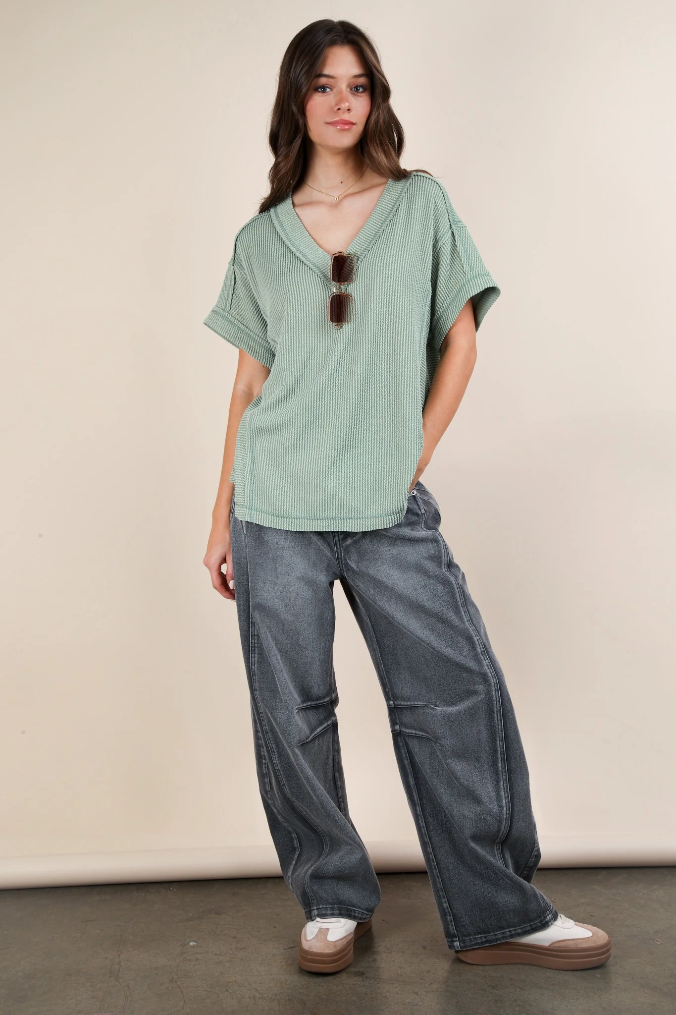 Light Olive Ribbed Raw Hem Short Sleeve Top - Image 4