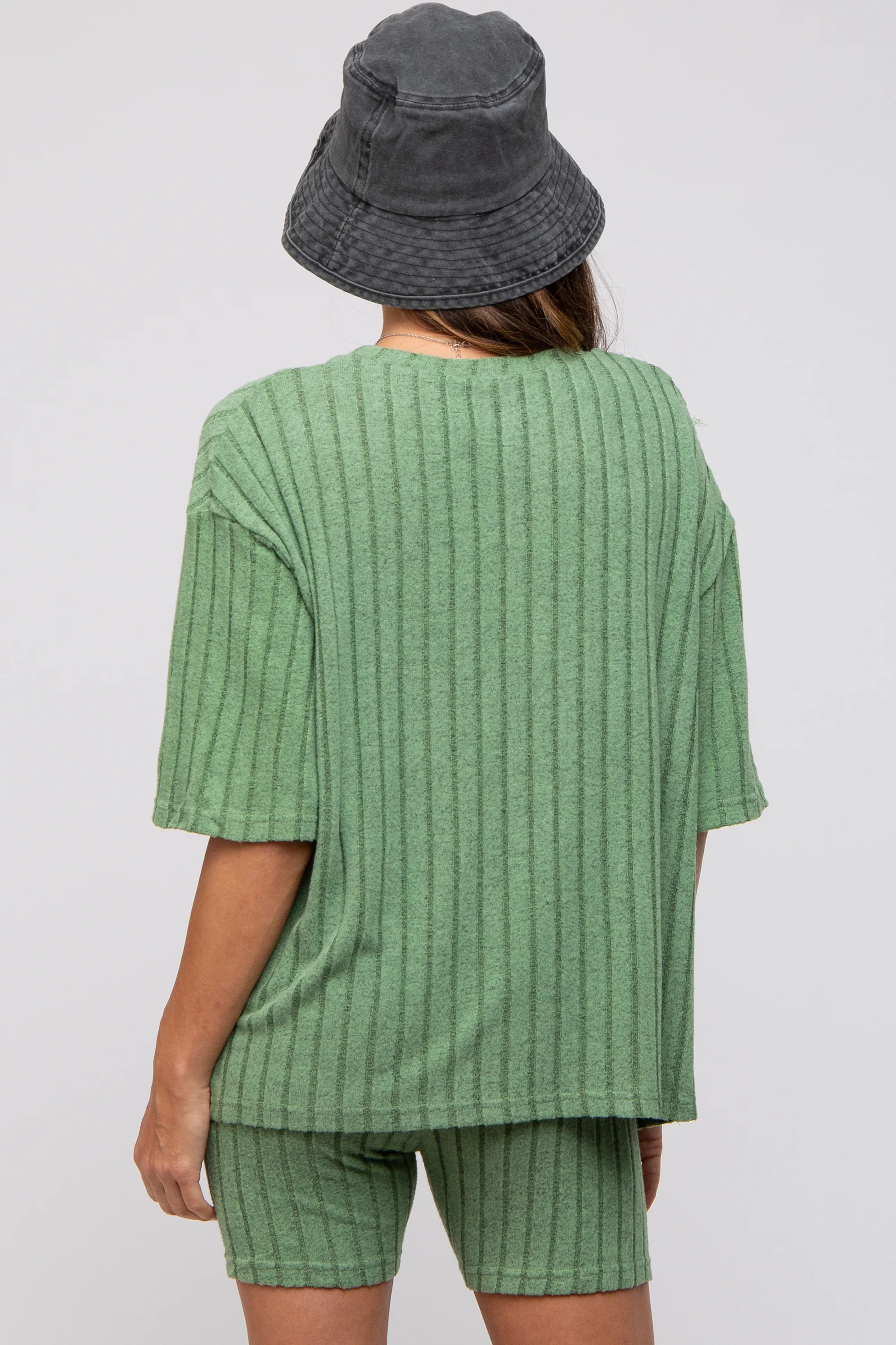 Light Olive Ribbed Soft Short Sleeve Shorts Set - Image 3