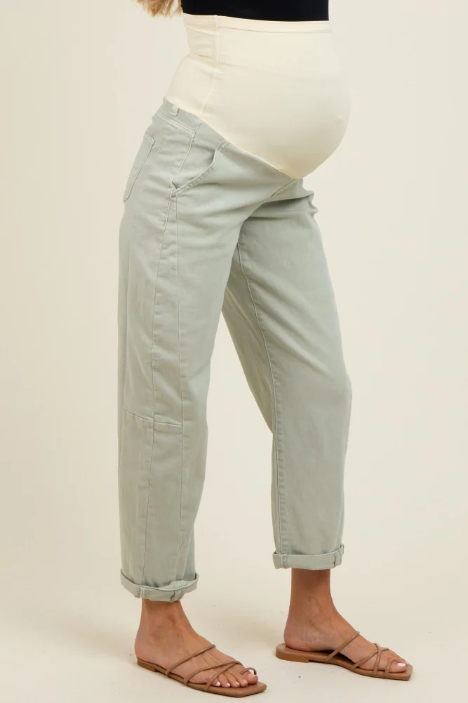 Light Olive Rolled Cuff Barrel Leg Maternity Jeans - Image 4