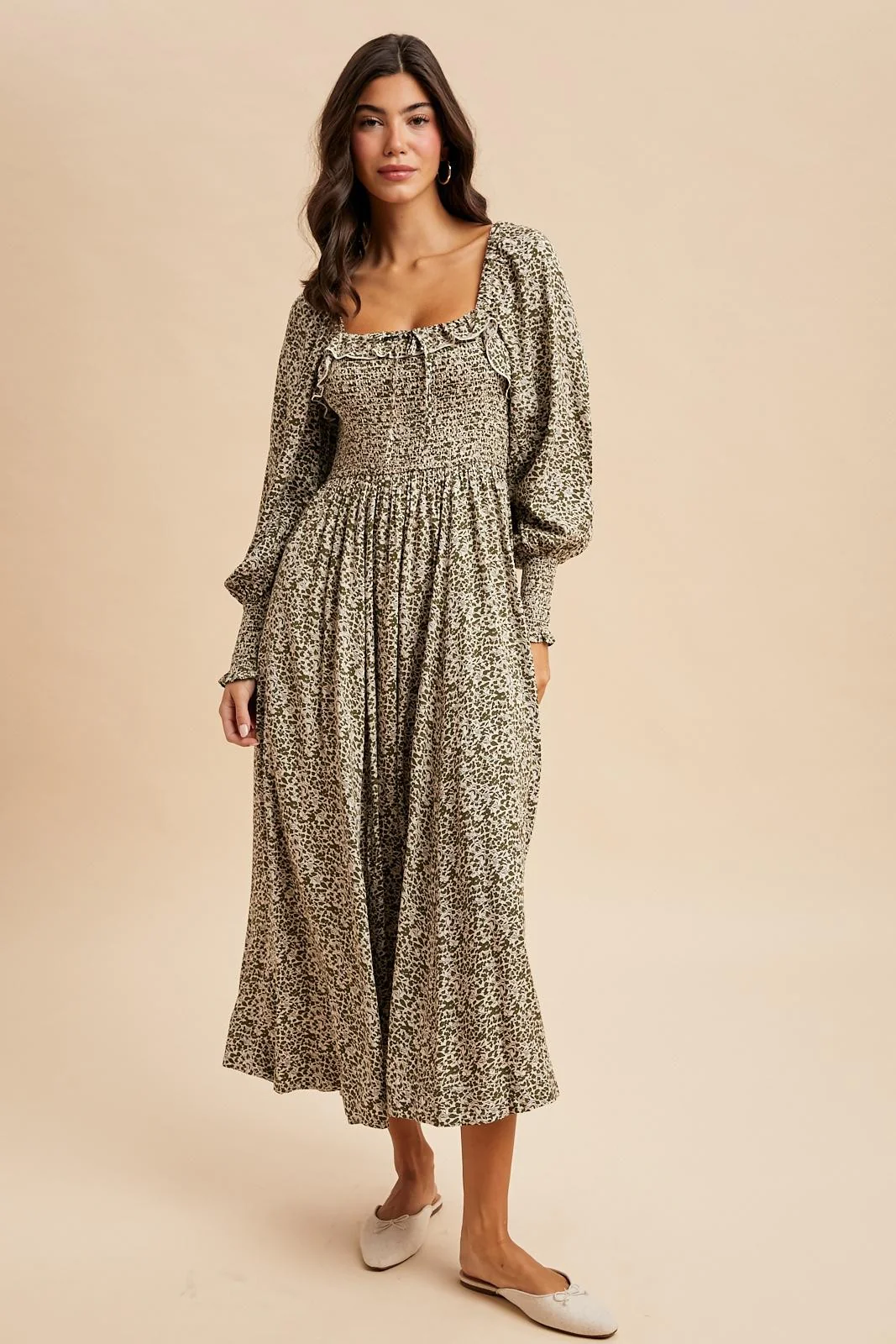 Light Olive Smocked Ruffled Floral Maxi Dress - Image 2