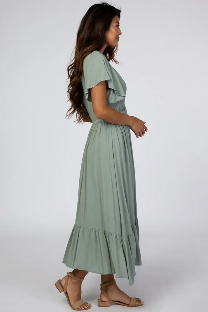 Light Olive Smocked V-Neck Midi Dress - Image 2