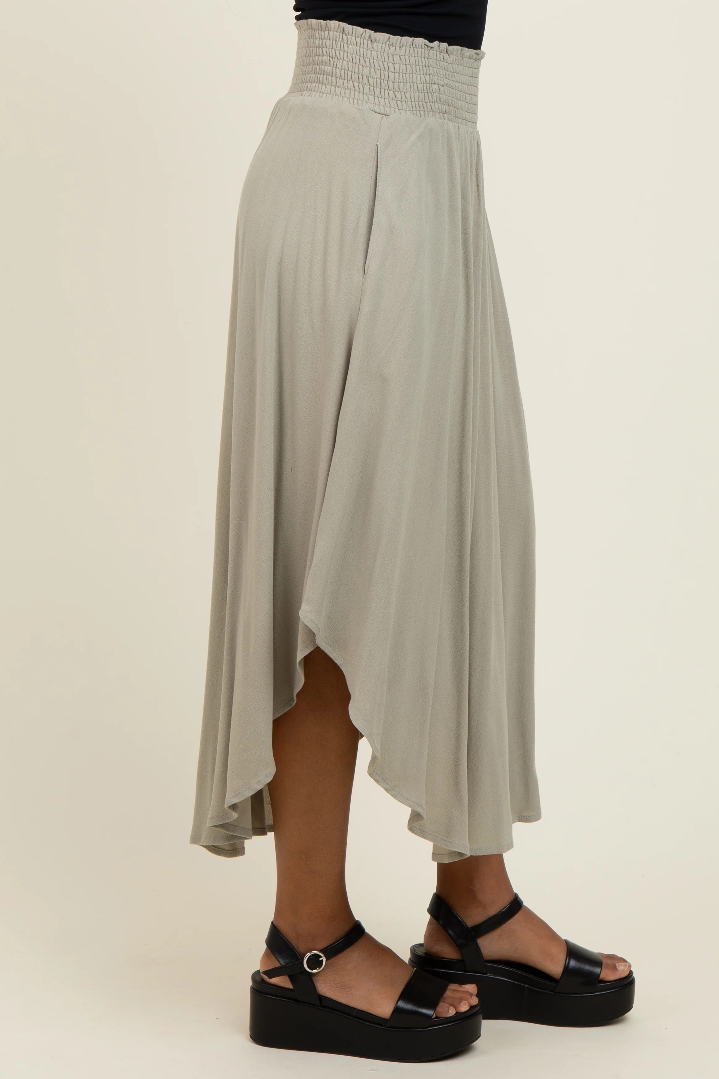 Light Olive Smocked Waist Rounded Hem Midi Skirt - Image 4