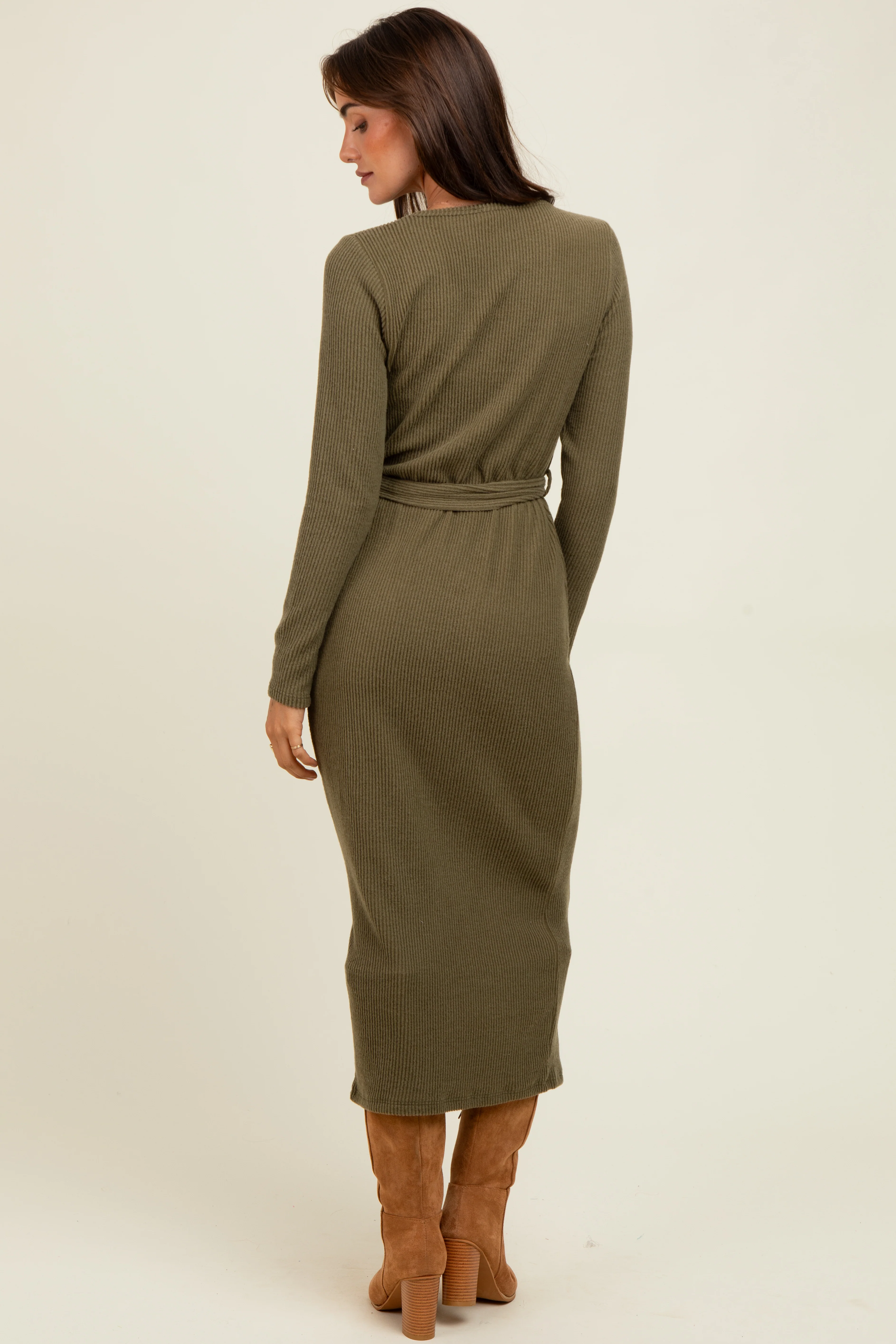 Light Olive Solid Brushed Rib Ling Sleeve V-Neck Fitted Midi Dress - Image 4