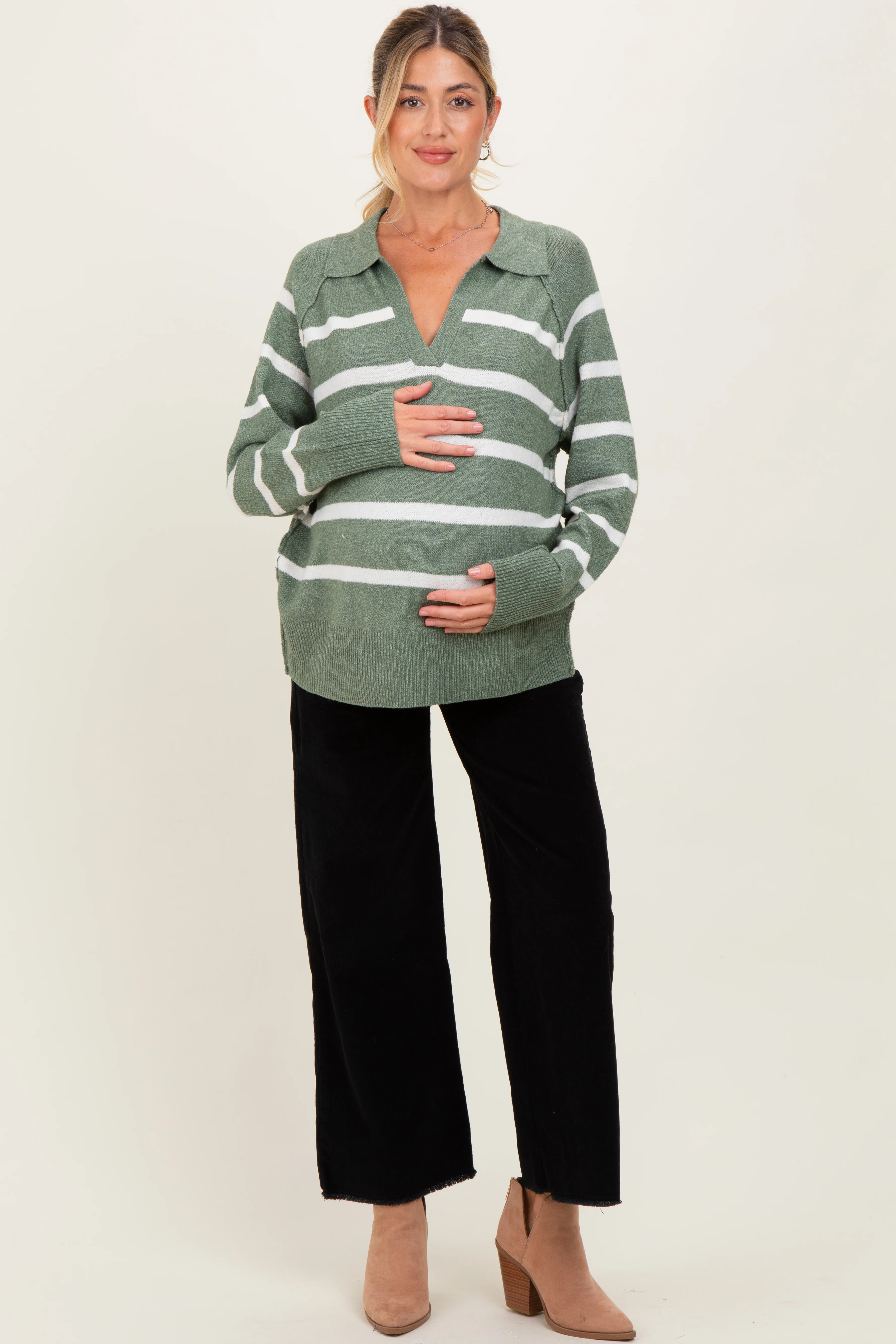 Light Olive Striped Oversized Polo Maternity Sweater - Image 3