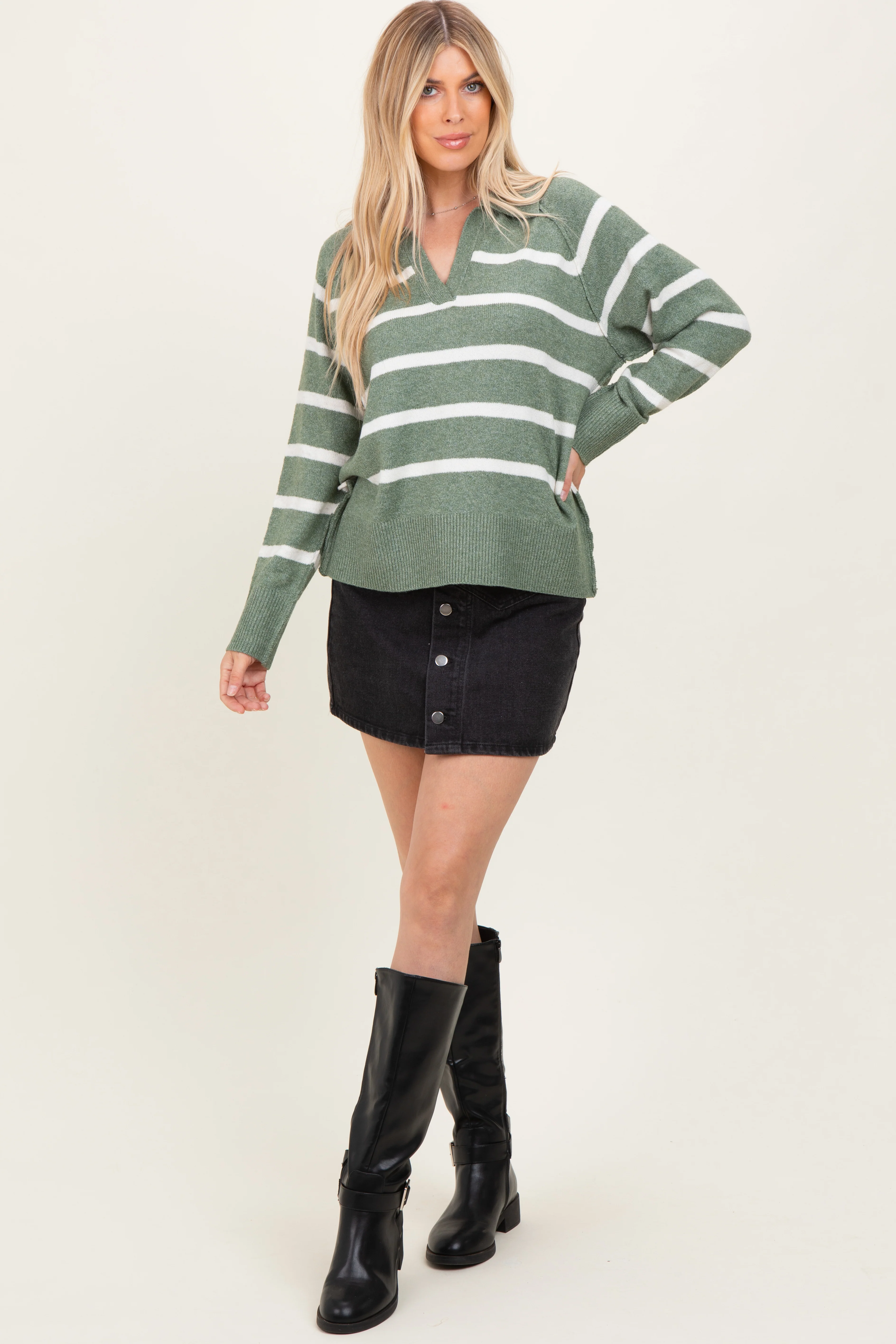 Light Olive Striped Oversized Polo Sweater - Image 2