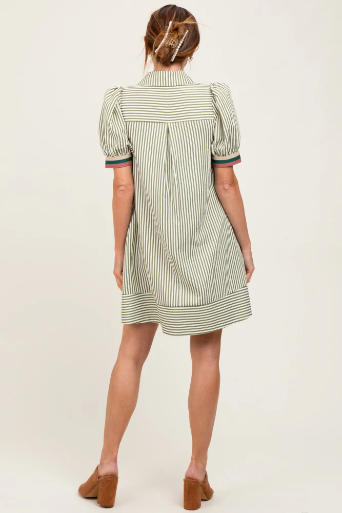 Light Olive Striped Puff Sleeve Mini Shirt Dress - Image 4