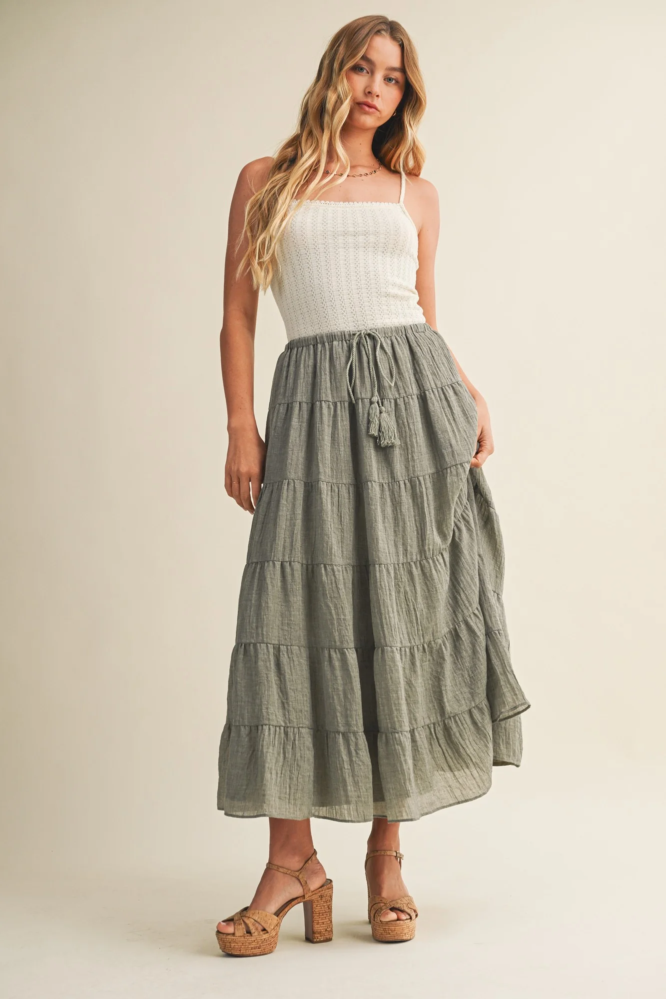 Light Olive Tiered Drawstring Maternity Maxi Skirt - Image 6