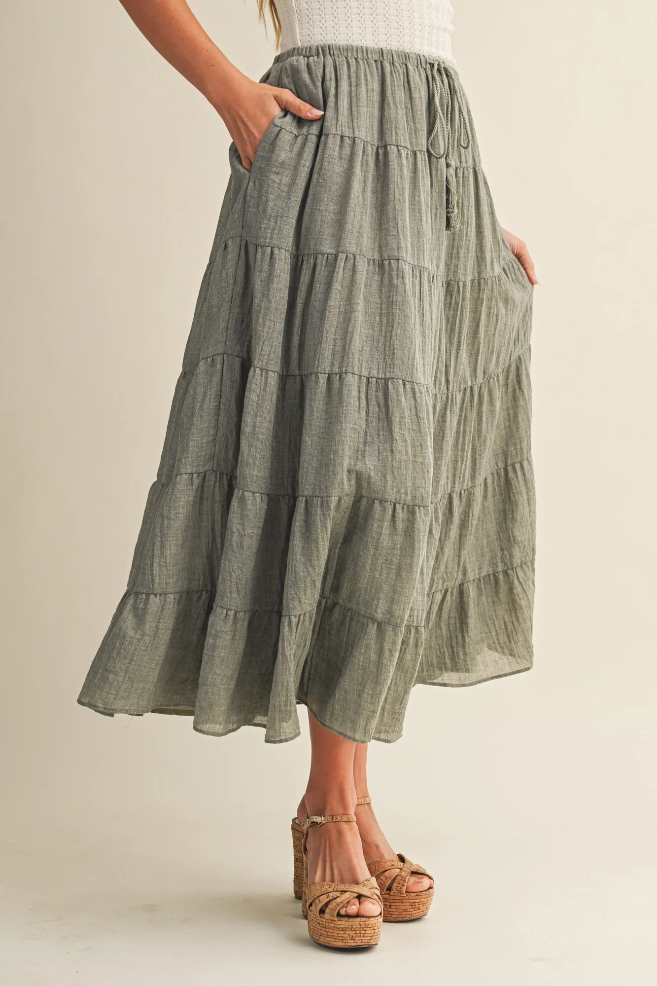 Light Olive Tiered Drawstring Maxi Skirt - Image 3