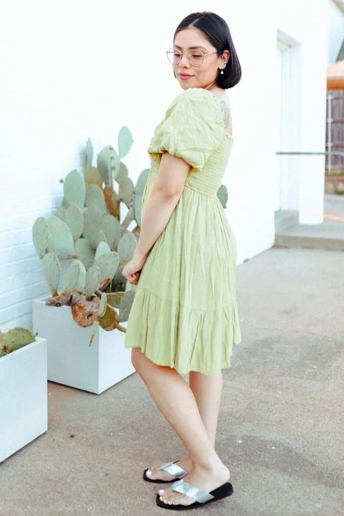 Light Olive U Notched Bubble Short Sleeve Dress - Image 5