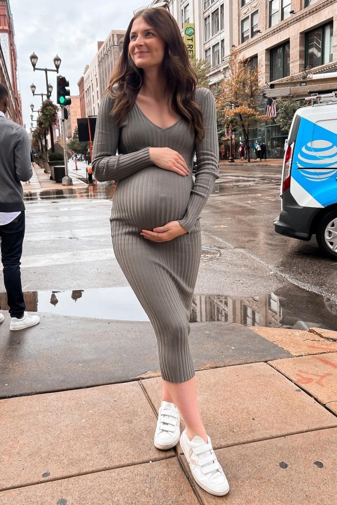 Light Olive V-Neck Long Sleeve Fitted Maternity Maxi Dress - Image 7